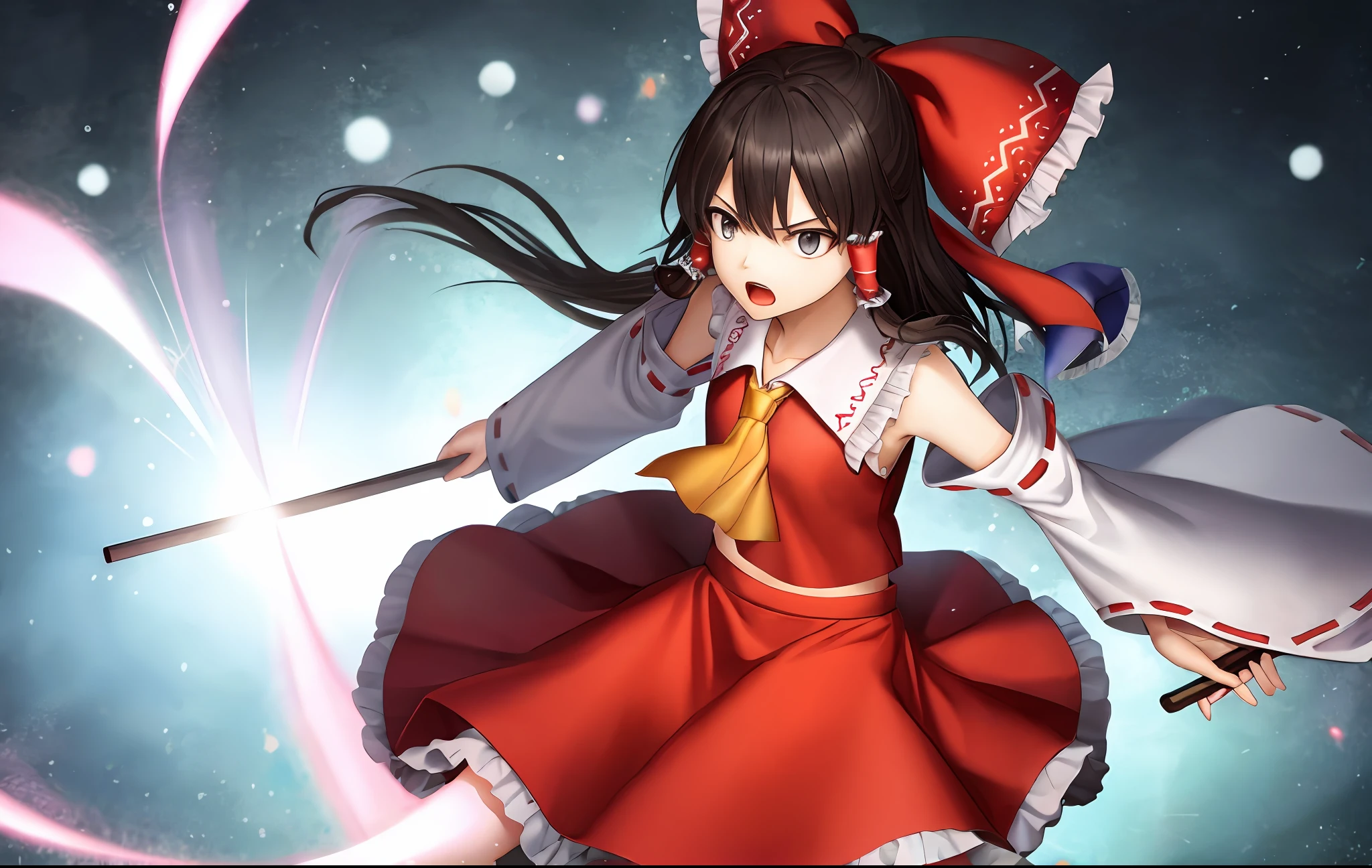 (best quality, masterpiece:1.2, 8K, Highly detailed), (anime, flat color, colorful), (an extremely delicate and beautiful), 1girl, solo, highly detailed eyes, highly detailed face, highly delicate background, perfect lighting, BREAK, HAKUREI REIMU, HAIR BOW, ASCOT, HAIR TUBES, MIKO, DETACHED SLEEVES, skirt, (black long hair, black eyes), fighting stance, BREAK, panorama, barrier, radial geometry resembling, branching of capillaries, BREAK, angry, open mouth