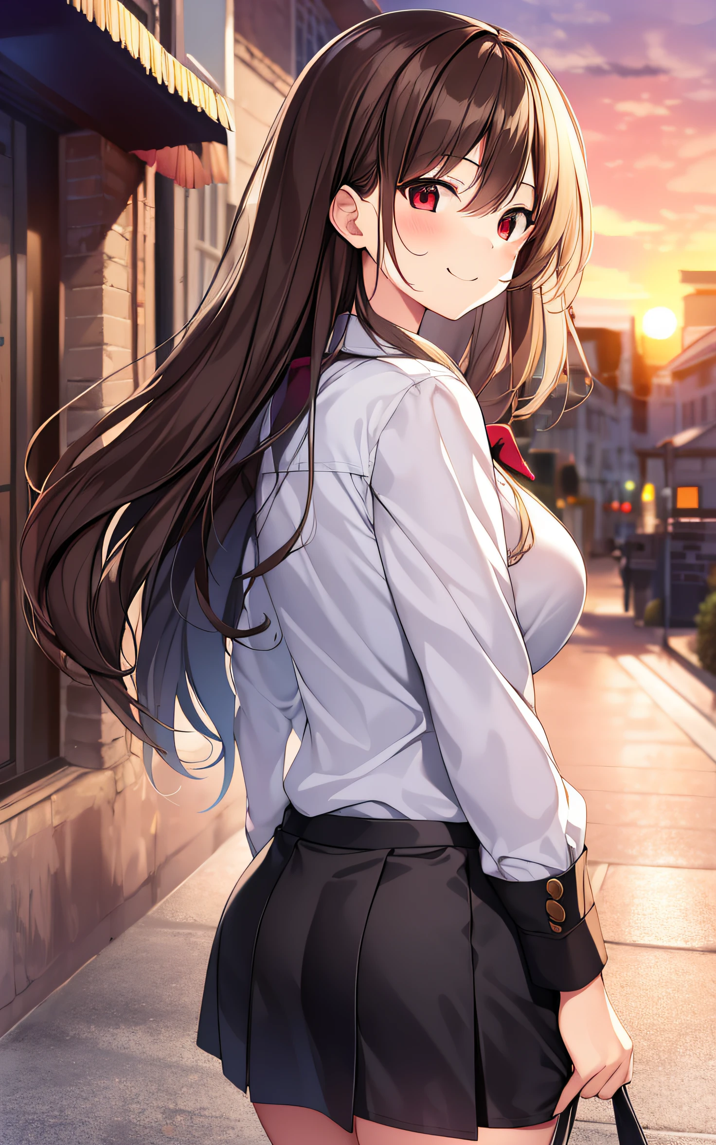 (Masterpiece: 1.3), One Girl, Solo, Best Quality, High Quality, Calorie, Brown Hair, Long Hair, One Side Up, large_breasts, Uniform, Red Eyes, Walking, Back Arms, Smile. sunset