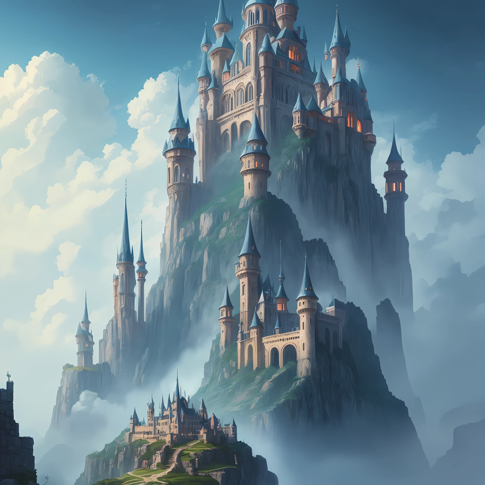 There is a painting of a light blue tower castle in the middle of a mountain, Fantasy Capital City, Epic Castle with Tall Spires, High Fantasy Castle, Fantasy Cityscape, Silvain Sarraiilh, Highly detailed Fantasy Art, Epic Fantasy Novel Cover Art, Andreas Rocha and John Howe, Marc Simonetti. intricate and detailed fantasy art, blue castle in the middle of clouds, highly detailed fantasy