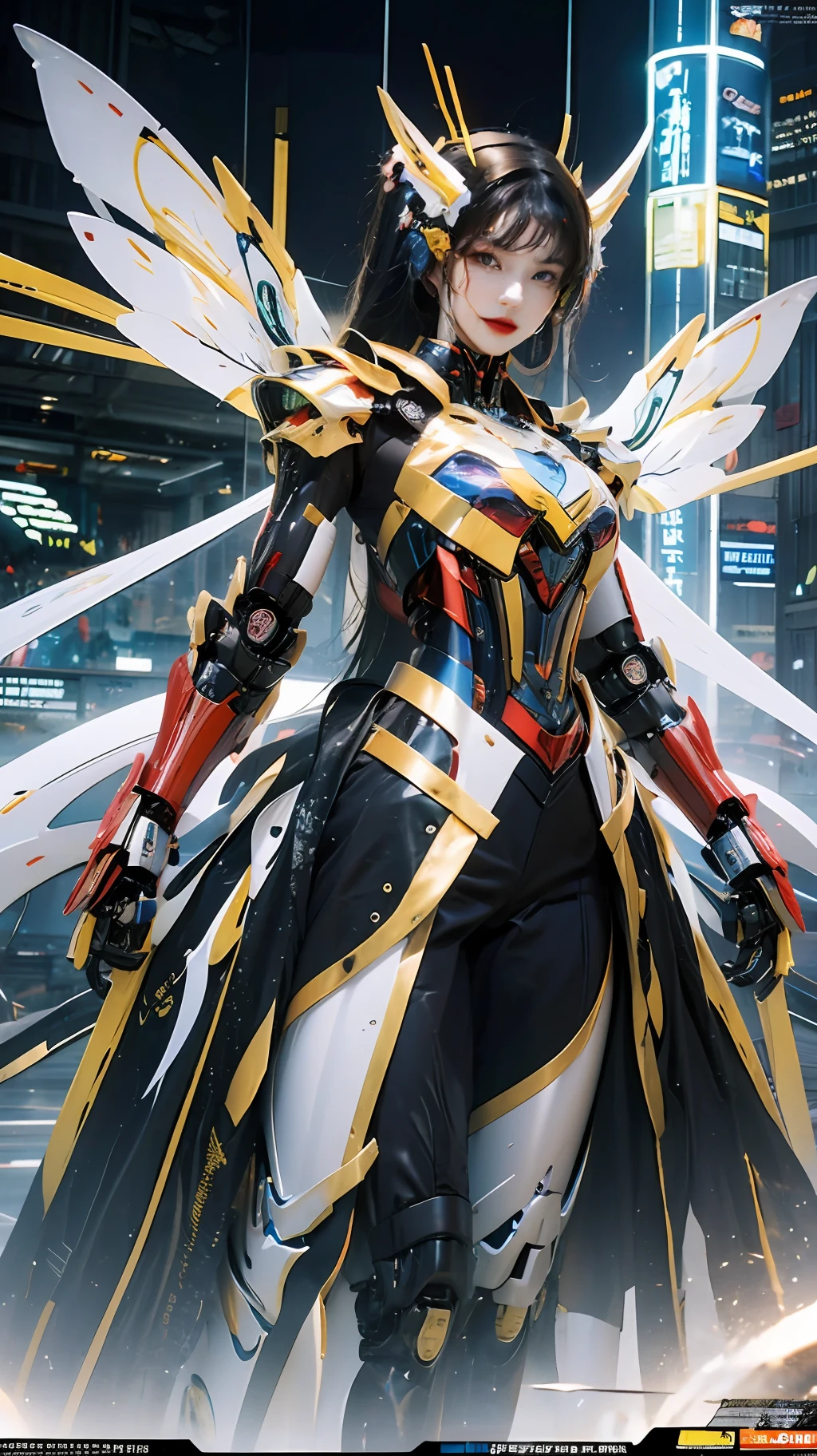 The painting depicts a majestic and charming beautiful warrior. She wears an elaborate mech outfit with shiny metal patterns on the outfit, showing a combination of high technology and fashion. She stands tall and confident in front of the picture, exuding a powerful aura.

Behind Sailor Belle is a giant wasp robot. It is tall and mighty, with wings spread out, and its golden yellow appearance shines with a metallic sheen. The eyes of the wasp robot emit a dazzling blue light, as if it has intelligence and vitality.

The whole picture emphasizes the combination of technology and power. In the background is a vision of a futuristic city, with high-rise buildings and flying cars flying through the sky, giving a sense of prosperity and progress. The light and shadow effects in the picture create a futuristic sci-fi atmosphere, making people feel like they are in a world full of unknowns and excitement.

The painting shows the perfect combination of modern technology and beauty, while also conveying a message of courage and confidence. The images of Sailor Beauty and the Wasp robot show a combination of strength and intelligence, giving people a vision and imagination of the future world.