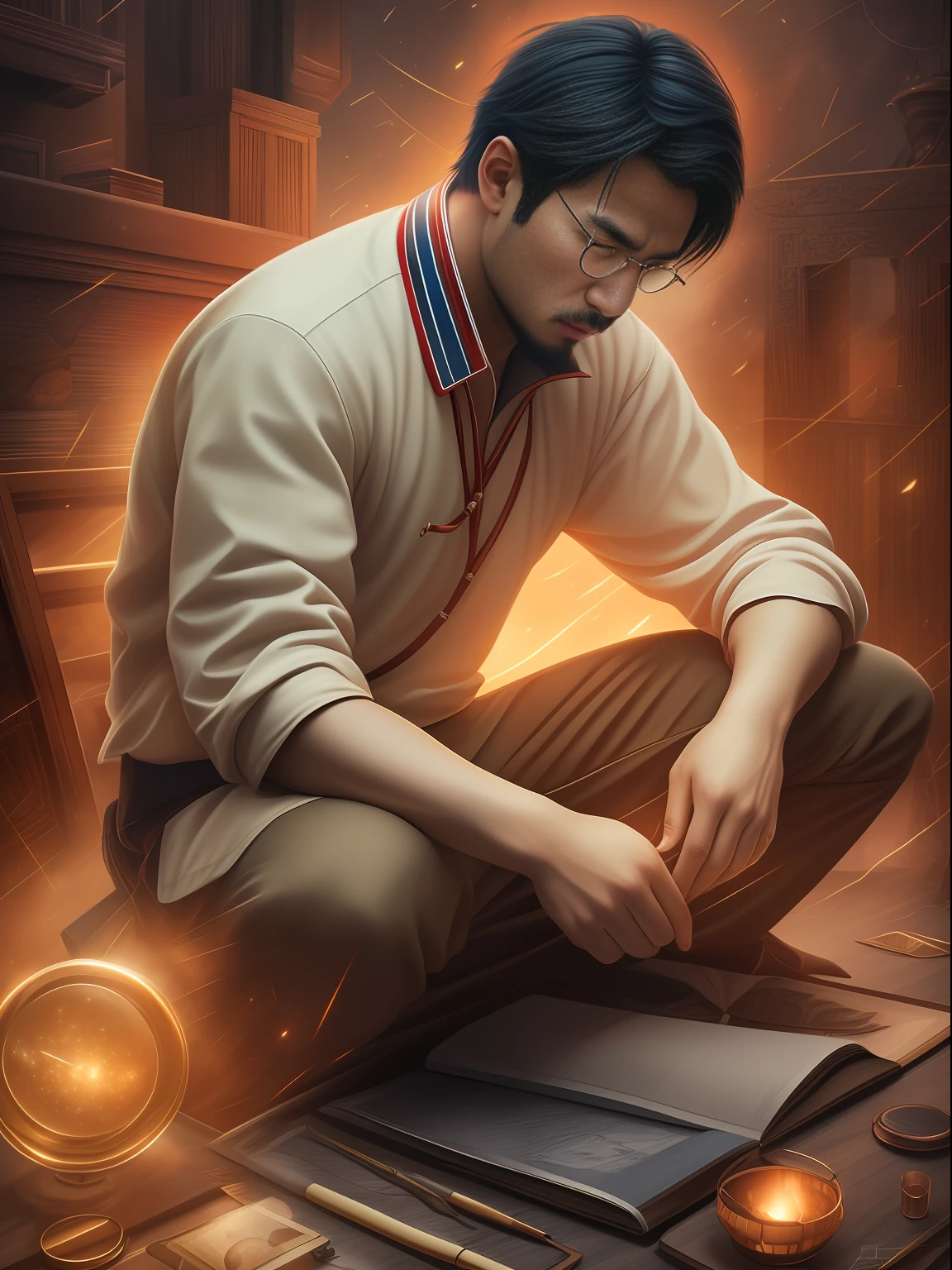 (Best Quality, Masterpiece), (Ultra-detailed Color), A 35-year-old handsome Chinese astrologer meditates around the ecliptic 2nd house totem, constellation temple, surrealism, observatory, professor of Chinese historical philosophy, man bright blue transparent g-line, large bulge, stubble, hairy thighs, very attractive, HDR, dramatic lighting, art station trend, CGSociety trend, professional photography
