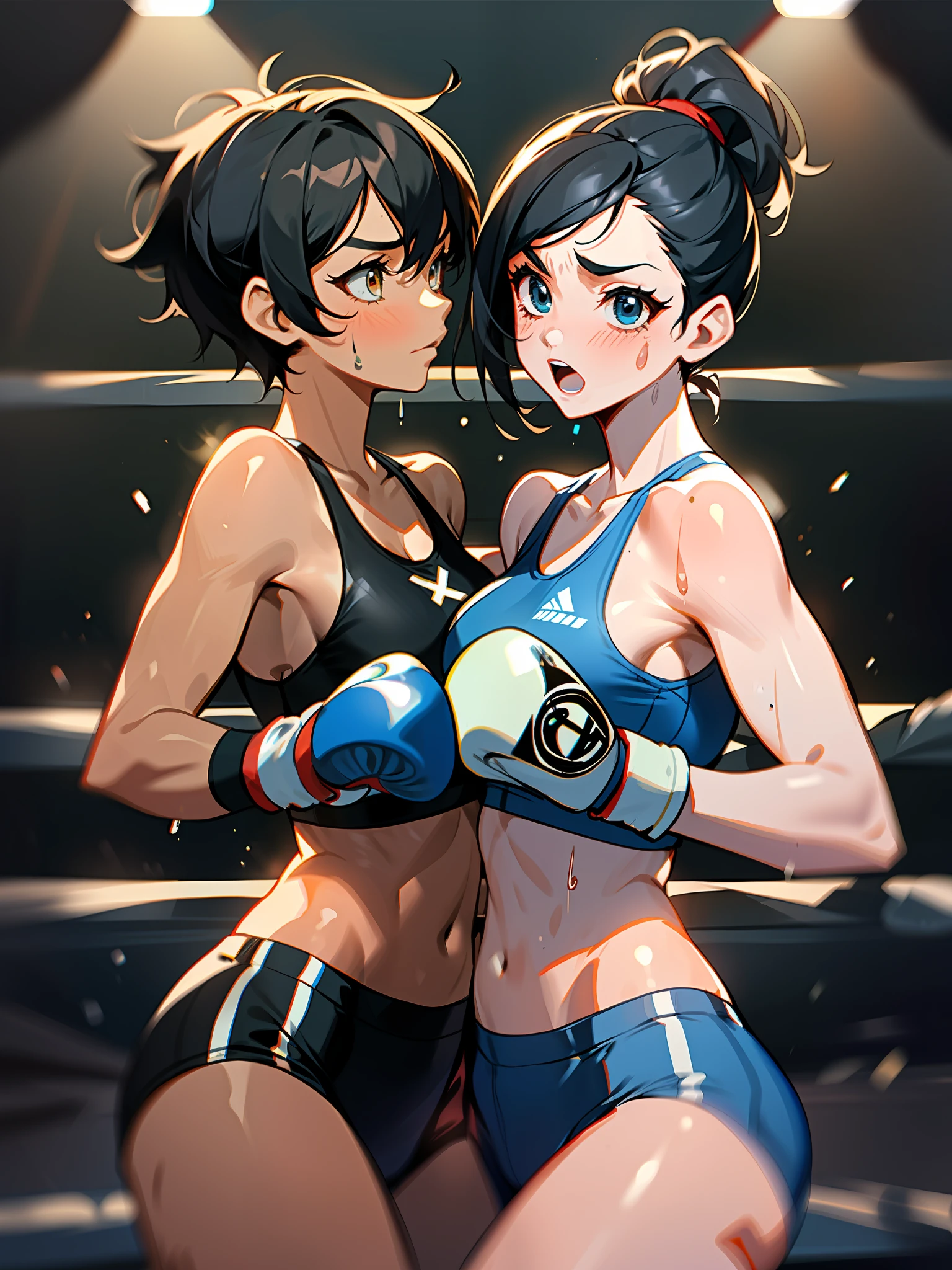 {female boxer, black hair, ponytail, navy blue sports bra, ((blue boxing gloves)), sweat all over body, beating, inferiority, fatigue}and {opponent short-haired female boxer, offensive}, female boxing match, (((two women)), two face to face