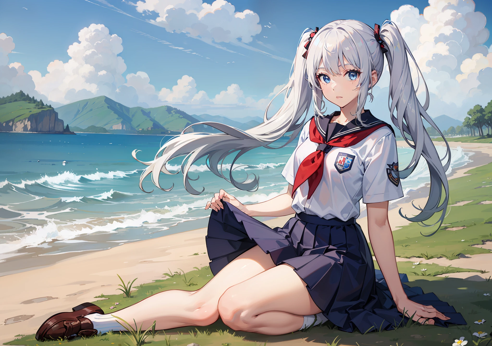 masterpiece,best quality,1girl,white hair, blue eyes,school uniform, cloudy sky, full body, grass,looking at viewer, twintails,front,silver hair, ((yokozuwari))