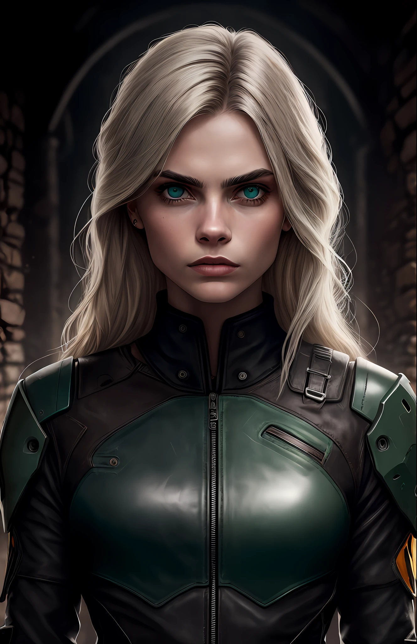 (dark photo: 1.1), realistic epic, halo portrait, very long hair, dark green eyes, white hair of celeana sardothien, face delevingne, character with the face of Cara Delevingne, yellow gradient, black color scheme, medieval aesthetic, village wall background, soft cinematic light, adobe lightroom, photo lab, hdr, intricate, dark brown leather clothing tight on the body,  Highly detailed, (depth of field: 1.4), faded, (neutral colors: 1.2), (HDR: 1.4), (soft colors:1.2), hyperdetailed, (Artstation:1.4), cinematic, warm lights, dramatic light, (intricate details:1.1), complex background, (Rutkowski:0.66)