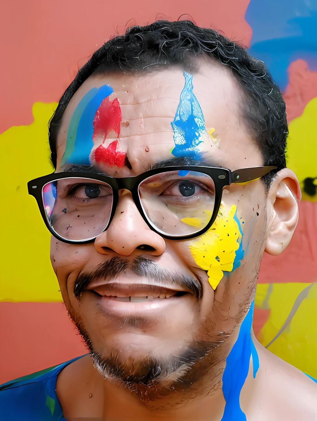 guttonerdvision6, award-winning photogrqafia, realistic portrait of a man wearing glasses, with detailed face, skin and pores. His face is dirty with ((yellow, red, blue colored paint)), various colors, splattered on his face. Intricate, detailed, studio photo, studio lighting, details