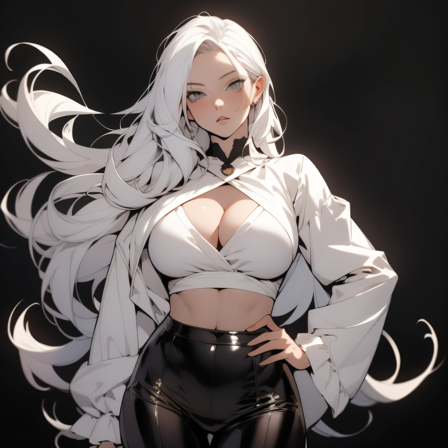 ((Absurdres)), ((best quality)), ((masterpiece)), ((Simon Bisley)), (((wimple))), Beautiful elegant anime woman and small breasts wearing white blouse and dark tight pants, white hair, 30 years old, fit and tall body, two-piece outfit, generous neckline, cute face, Sexy standing pose, black background, grayscale image