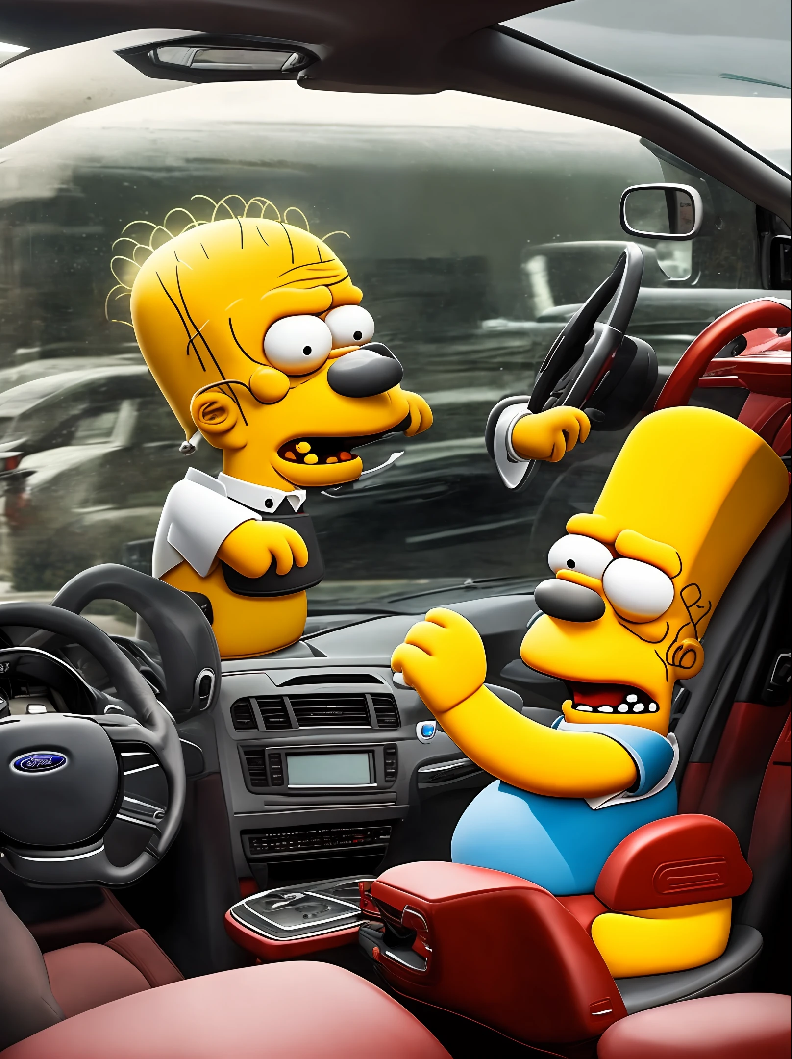 Homer Simpson driving a Ford Fusion