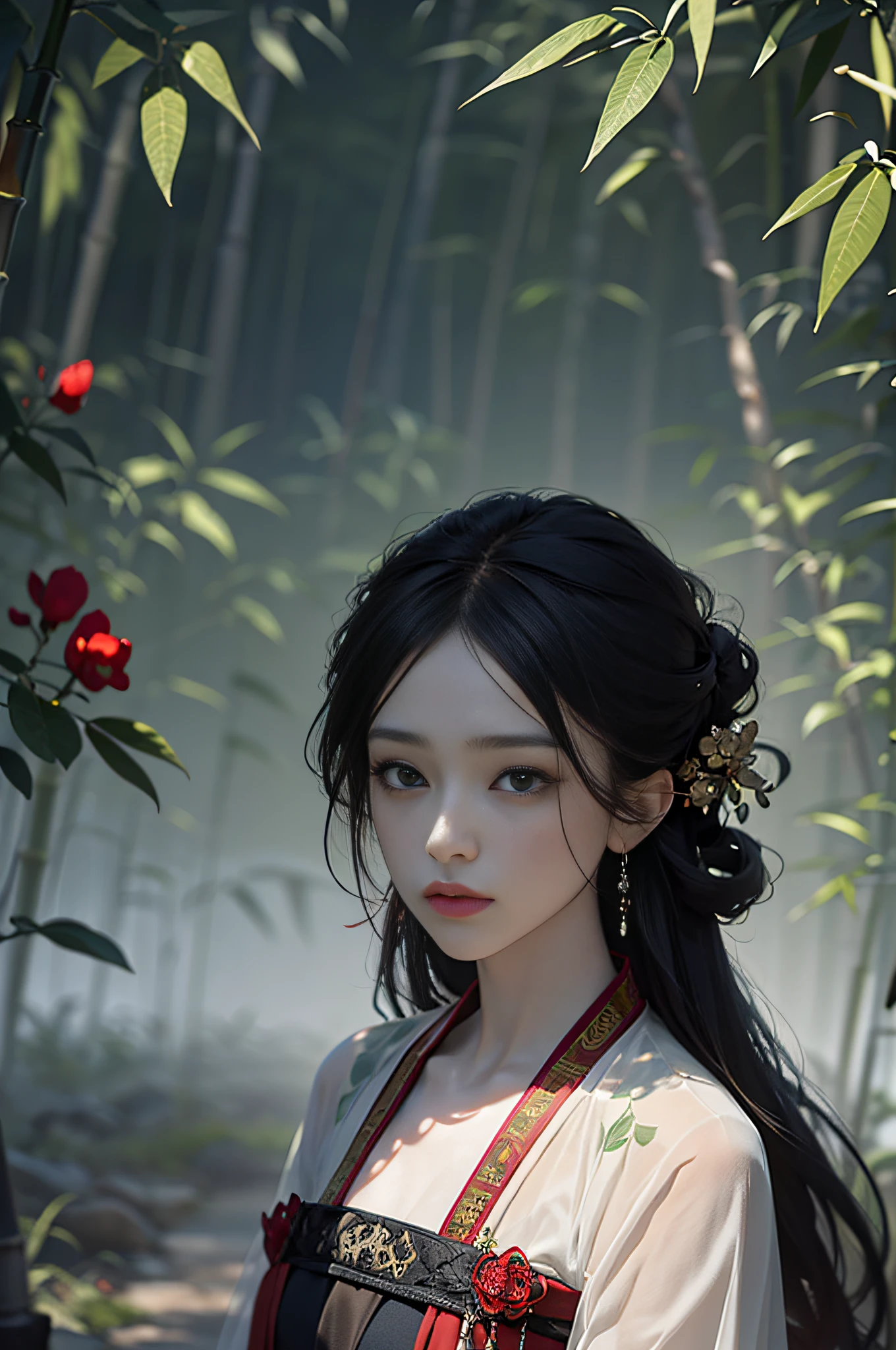 official art, Unity 8k wallpaper, super detailed, beautiful, beautiful, masterpiece, best quality, mystery, romanticism, horror, literature, art, fashion, tang dynasty era, decoration, intricate, embroidery, green hanfu, green tulle, 1 chinese girl, black hair, sad, fatalistic, bust composition, dramatic composition, movie lighting, dynamic perspective, sexy, full of temptation, deep in bamboo forest, bamboo forest in the bamboo forest, bamboo leaves falling, small red flowers, bamboo forest background, cloudy mist, dramatic composition,