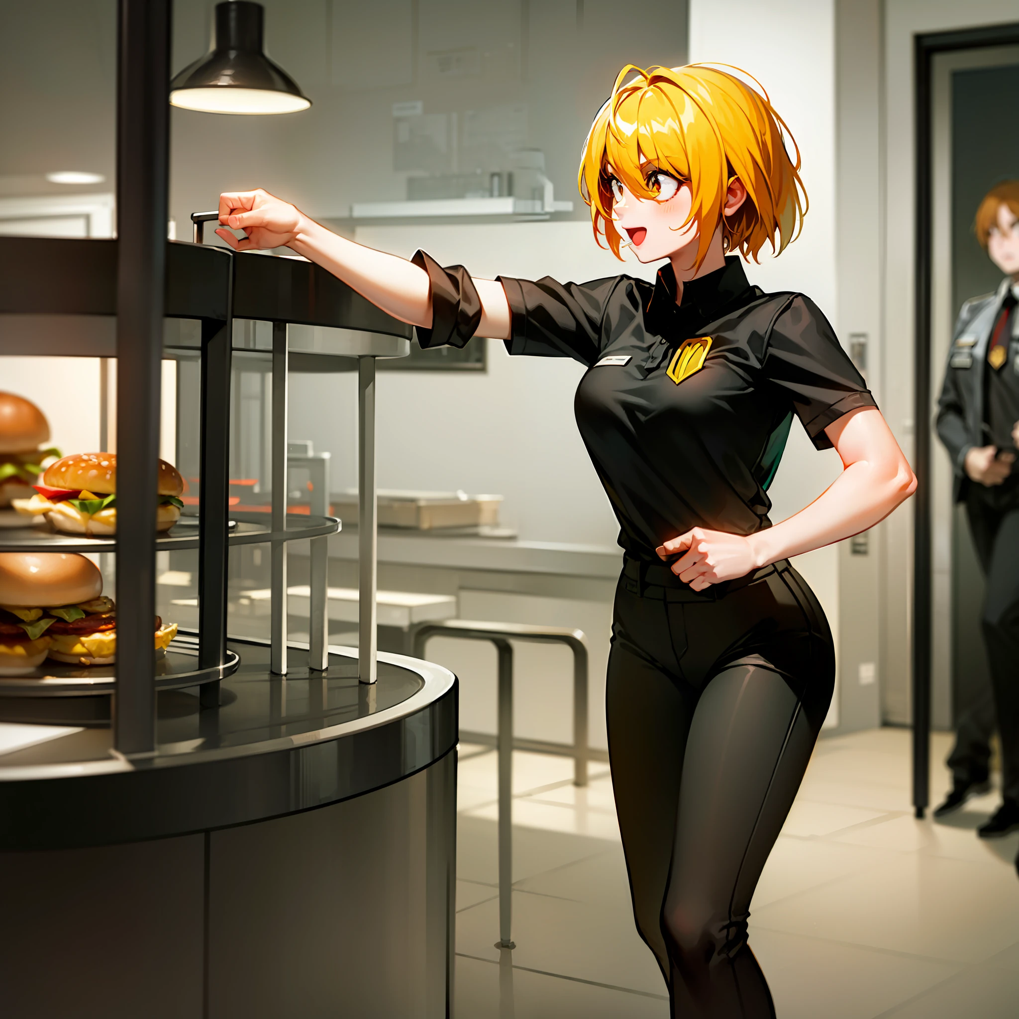 volumetric lighting, dynamic angle, 1girl, solo, female focus, happy, expressions, inside a mcdonalds, night, don quixote \(limbus company\), blonde hair, McDonaldsUniform, shirt, black shirt, uniform, black pants, pants, cap, illustration, depth of field, ray tracing, cowboy shot, masterpiece, high quality, highres, high details, best quality, UHD, eating a burger