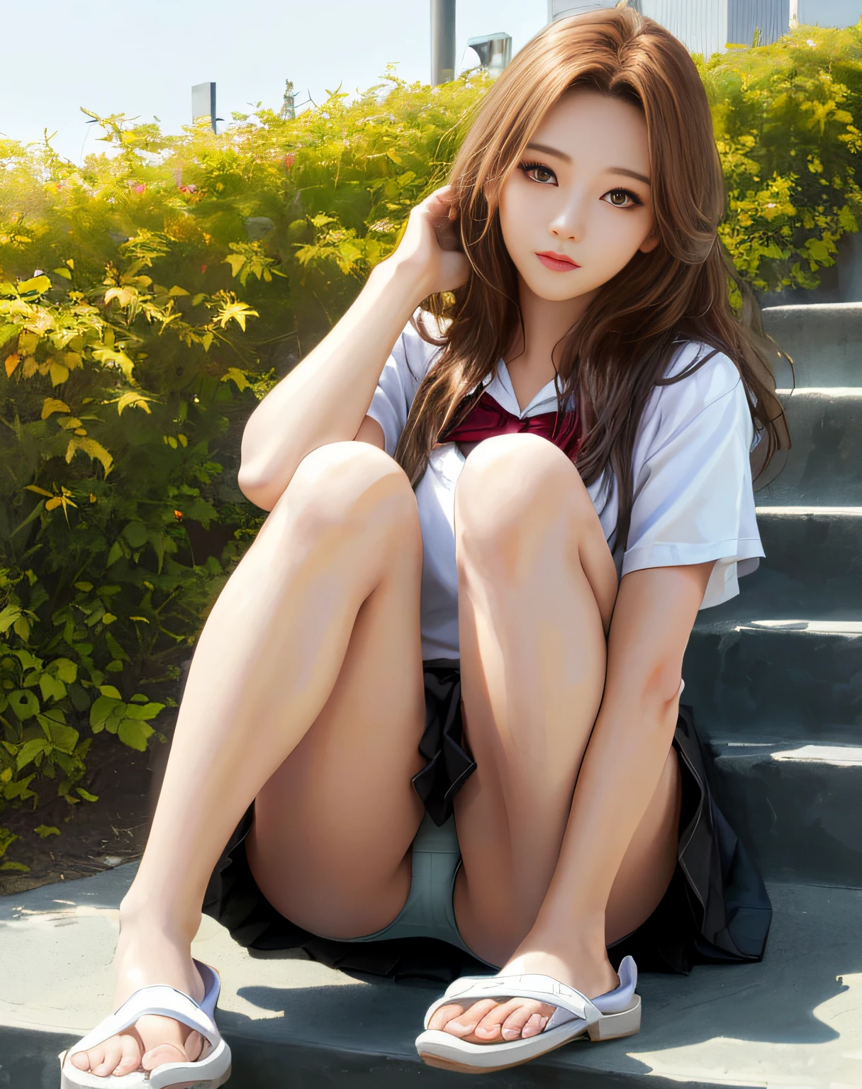 Girl (Masterpiece: 1.4), (8K, Realistic, Raw Photo, Best Quality: 1.4), Japan Person, (1 Girl), Beautiful Face, (Real Face: 1.4), (Caramel Hair, Long Hair: 1.3), Beautiful Face, Realistic Eyes, Beautiful Detail Eyes, (Real Skin: 1.3), Beautiful Skin, Attractive, Ultra High Resolution, Ultra Realistic, High Definition, Golden Ratio, (Detailed Face: 1.4), (Anna Tanaka), High Girl, Summer Clothes Skirt, Cotton panties, sitting on stairs, (NSFW: 1.5), ((bend knees and open legs)), front
