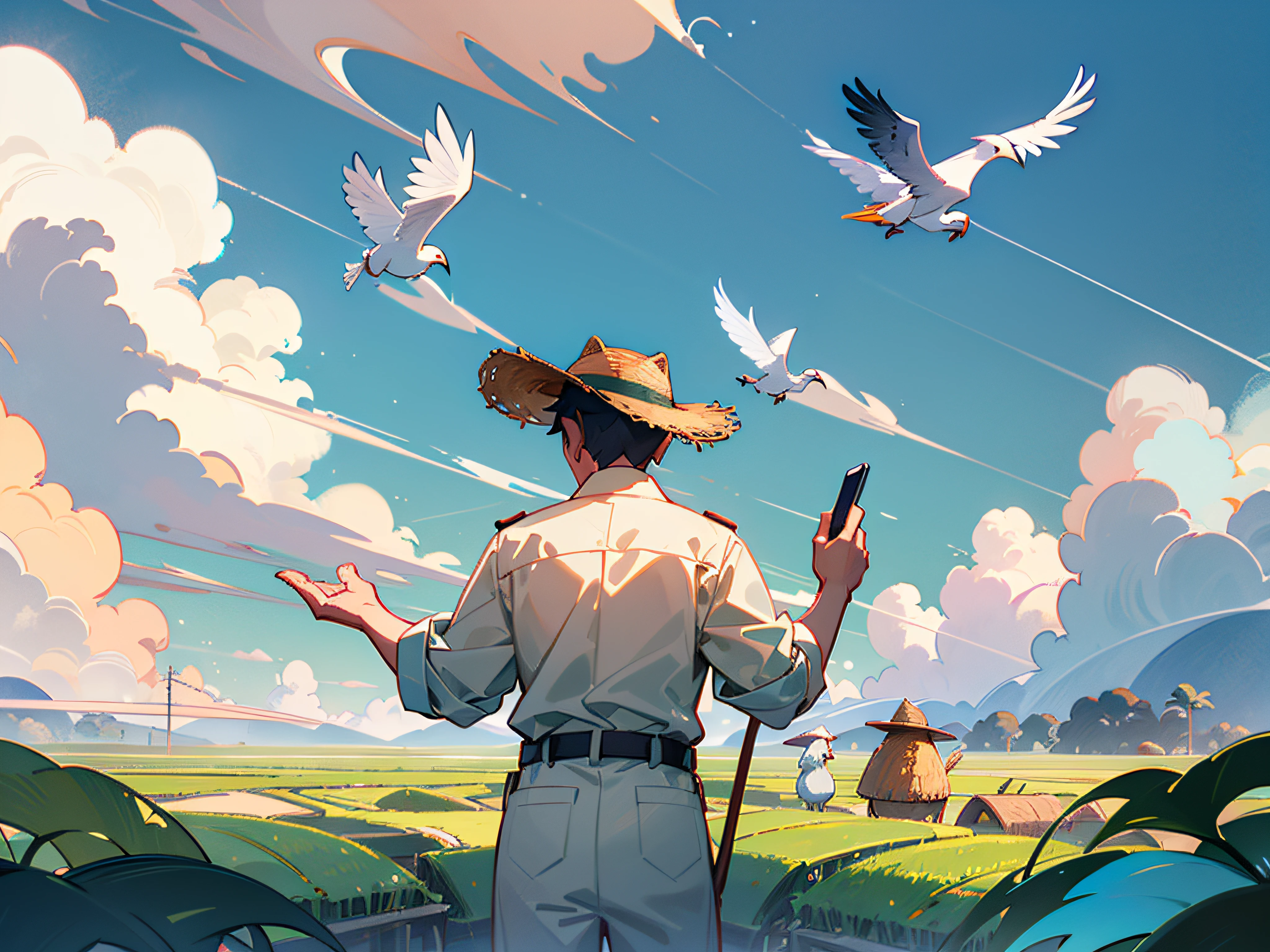 Green rice fields with flock of storks flying in the sky, a farmer uncle looking to sky, ((farmer uncle wearing engineer uniform)), wearing straw hat, two hand holding a ipad, huge background, beautiful sky with cloud