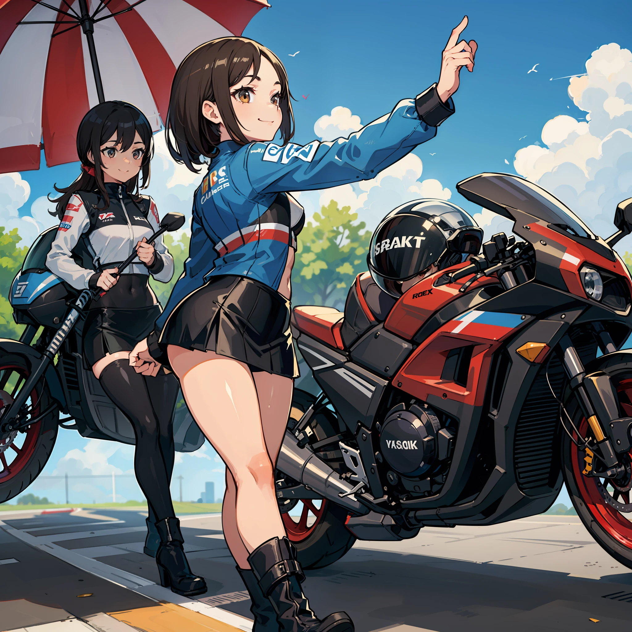 Top quality, masterpiece, high resolution, two beautiful girls, long black hair, forehead, brown hair shortcut, fluttering hair, travel, motorcycle, race, circuit, super sport, moto gp, smile, sidecar, racing suit, leather jumpall, rider, helmet, race queen, swimsuit, mini skirt, bikini, parasol, boots, clear weather, blue sky, pit stop, pit staff, Composition from behind at an angle