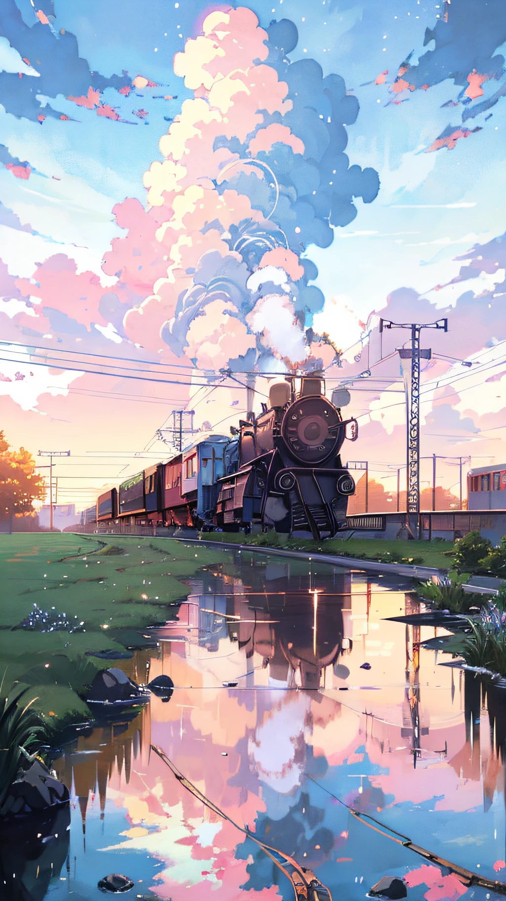 Anime train on tracks through body of water, image by Makoto Shinkai, pixiv, concept art, lofi art style, reflection. Enhanced detail, perfect picture quality. by makoto shinkai, lofi art, beautiful anime scenes, anime scenery, detailed scenery—width 672, in style of makoto shinkai, style of makoto shinkai