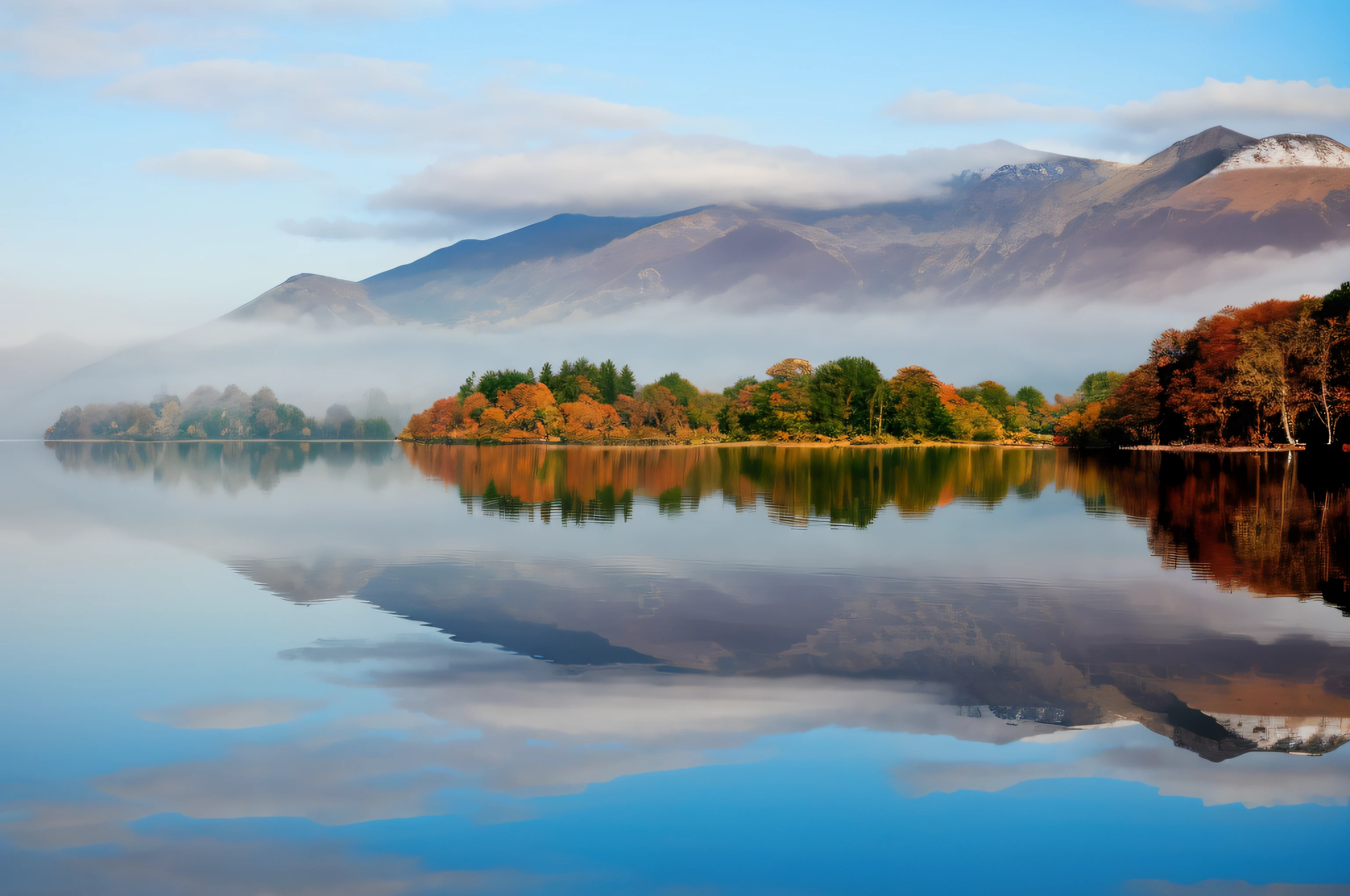 mountains are reflected in the still water of a lake, october, irish mountains background, lake, lakes, lake reflection, still water calm as a mirror, mist, november, natural reflections, layers of colorful reflections, image full of reflections, (mist), natural landscape beauty, beautiful serene landscape, oct, tranquil scene, glassy reflections, beautiful reflections