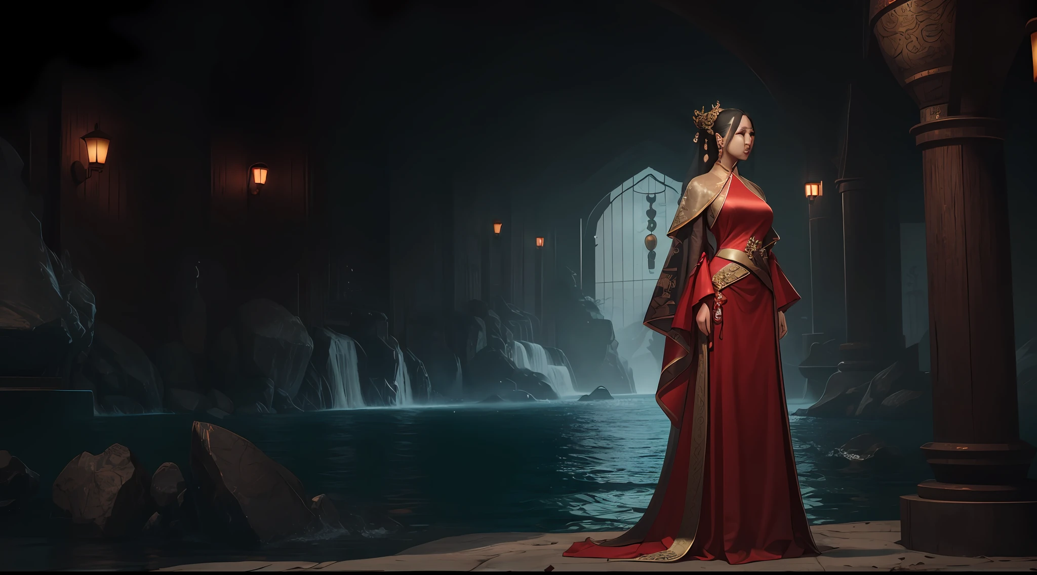 The image of Alafard of a woman in a red dress and earrings, Mu Yanling, Queen of the Sea, inspired by Shen Shizhen, inspired by Li Meishu, inspired by Huang Ji, inspired by Lan Ying, inspired by Qiu Ying, inspired by Ma Yuanyu, inspired by Wang Meng, full body fairy, inspired by Park Hua, 4K picture quality, PBR rendering, UE engine