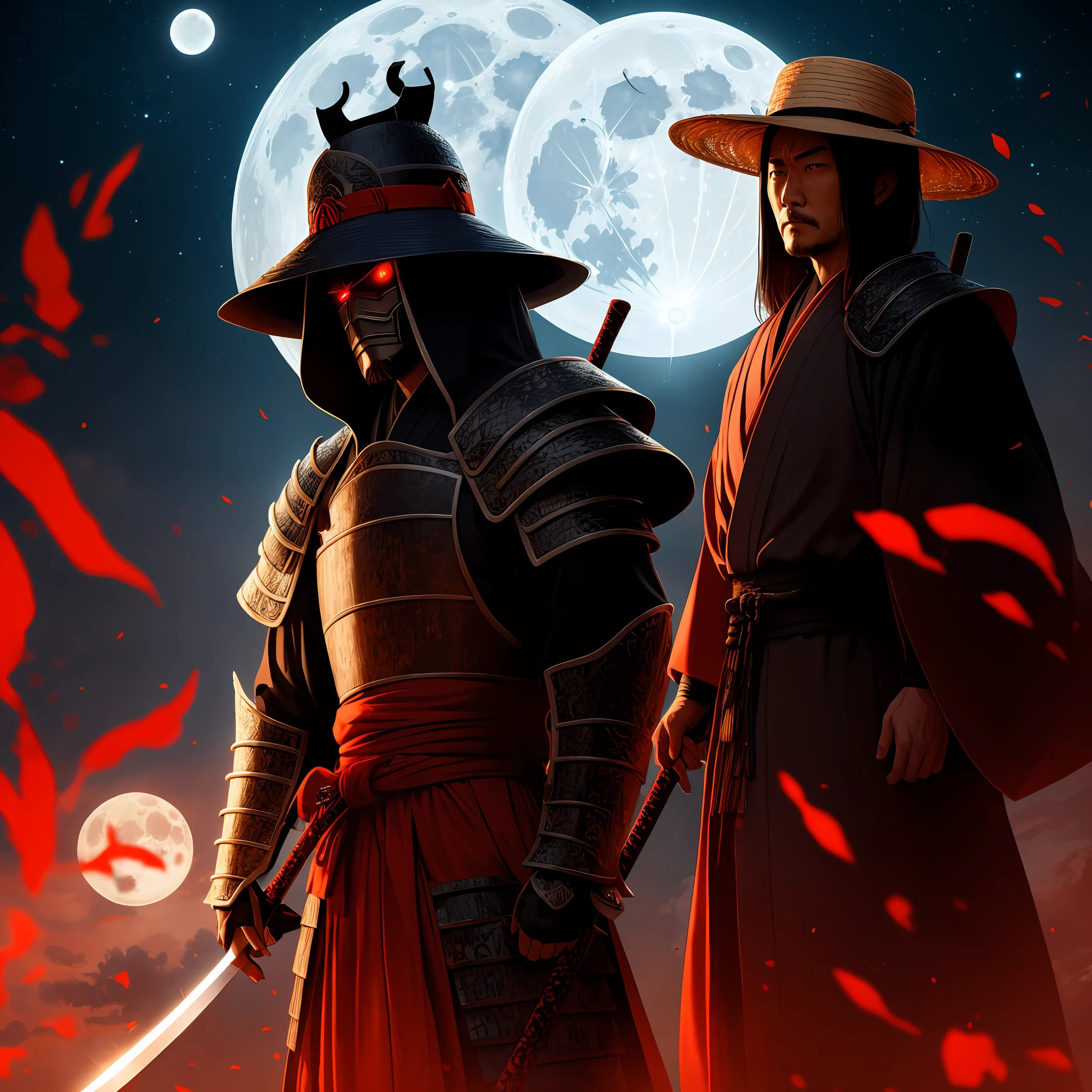 A Samurai face hidden by shadows and red eyes. black steel armor. swords white blades and a sword blade of reflection with red Black straw hat Night with moon. 4k --auto