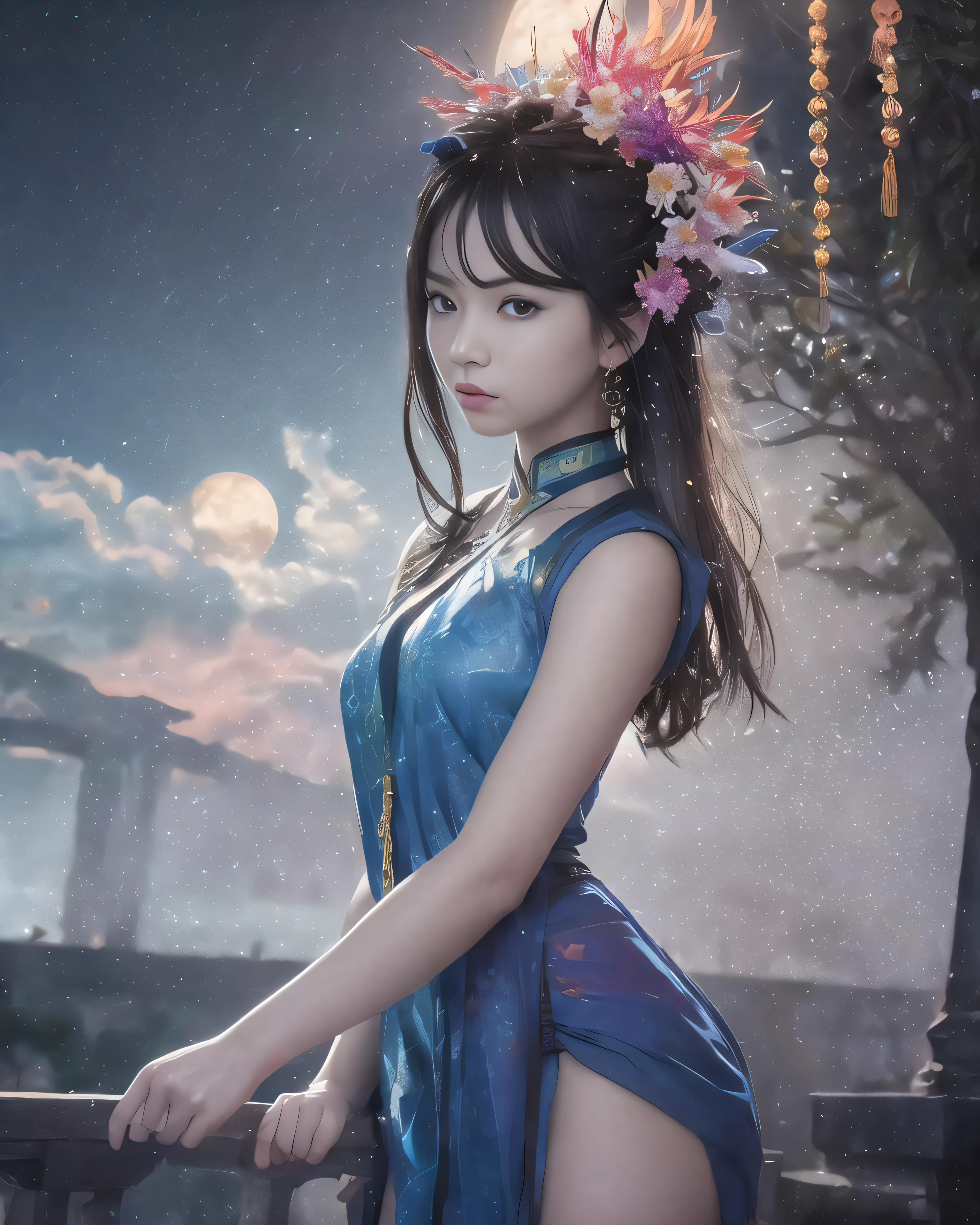 (8k, RAW photo:1.2),best quality, ultra high res,dramatic angle,(fluttered detailed color splashs), (illustration),(((1 girl))),(long hair),(rain:0.9),(hair ornament:1.4),there is an ancient palace beside the girl,chinese clothes,(focus on), color Ink wash painting,(color splashing),colorful splashing,(((colorful))),(sketch:0.8), Masterpiece,best quality, beautifully painted,highly detailed,(denoising:0.6),[splash ink],((ink refraction)), (beautiful detailed sky),moon,highly,detaild,(masterpiece, best quality, extremely detailed CG unity 8k wallpaper,masterpiece, best quality, ultra-detailed),(Lycoris radiata),