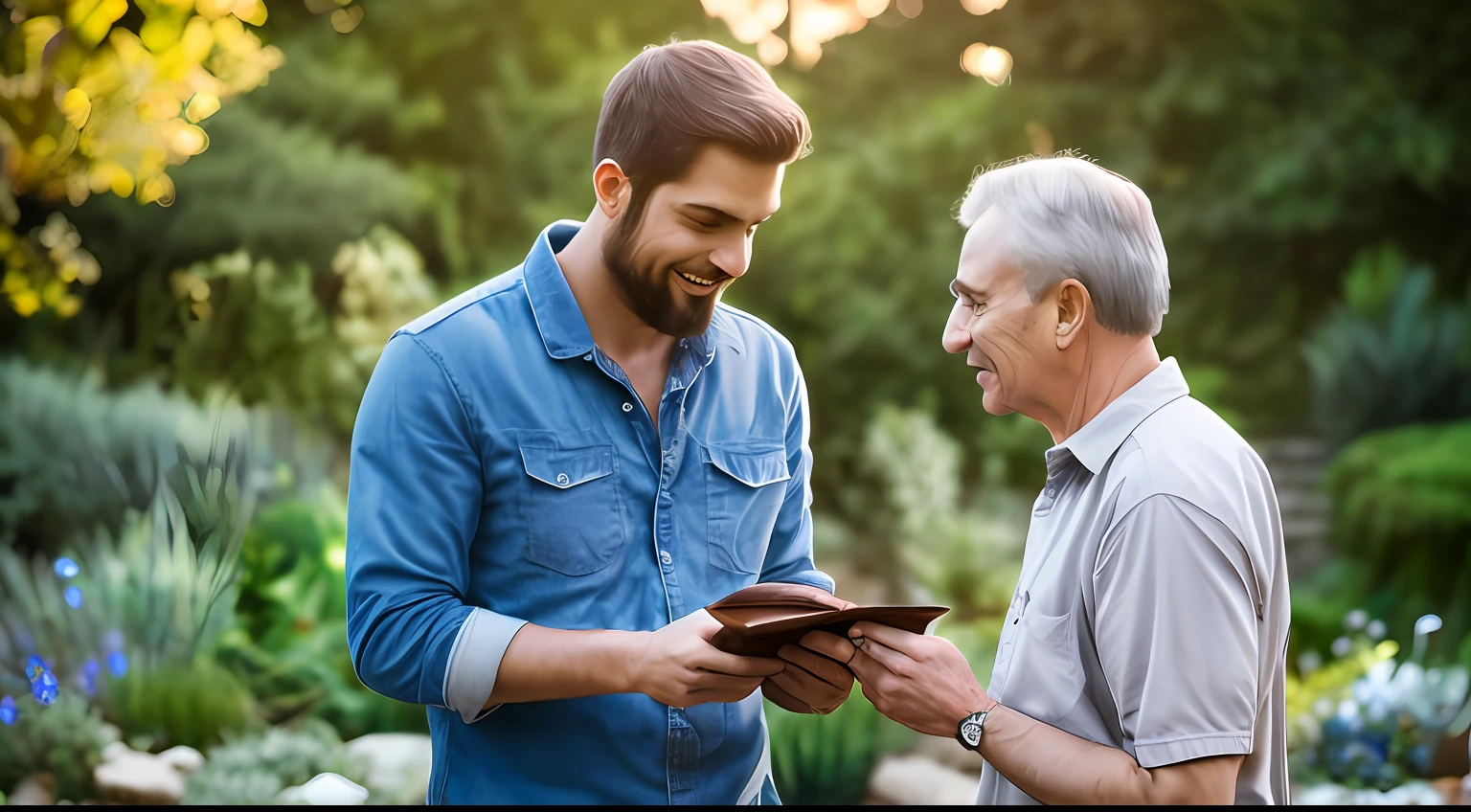"The father and son talk face to face, boy with a small stone in his hands showing his father, large foreground garden area, soft light, comfortable tones, hyper-realistic, 8k" --auto