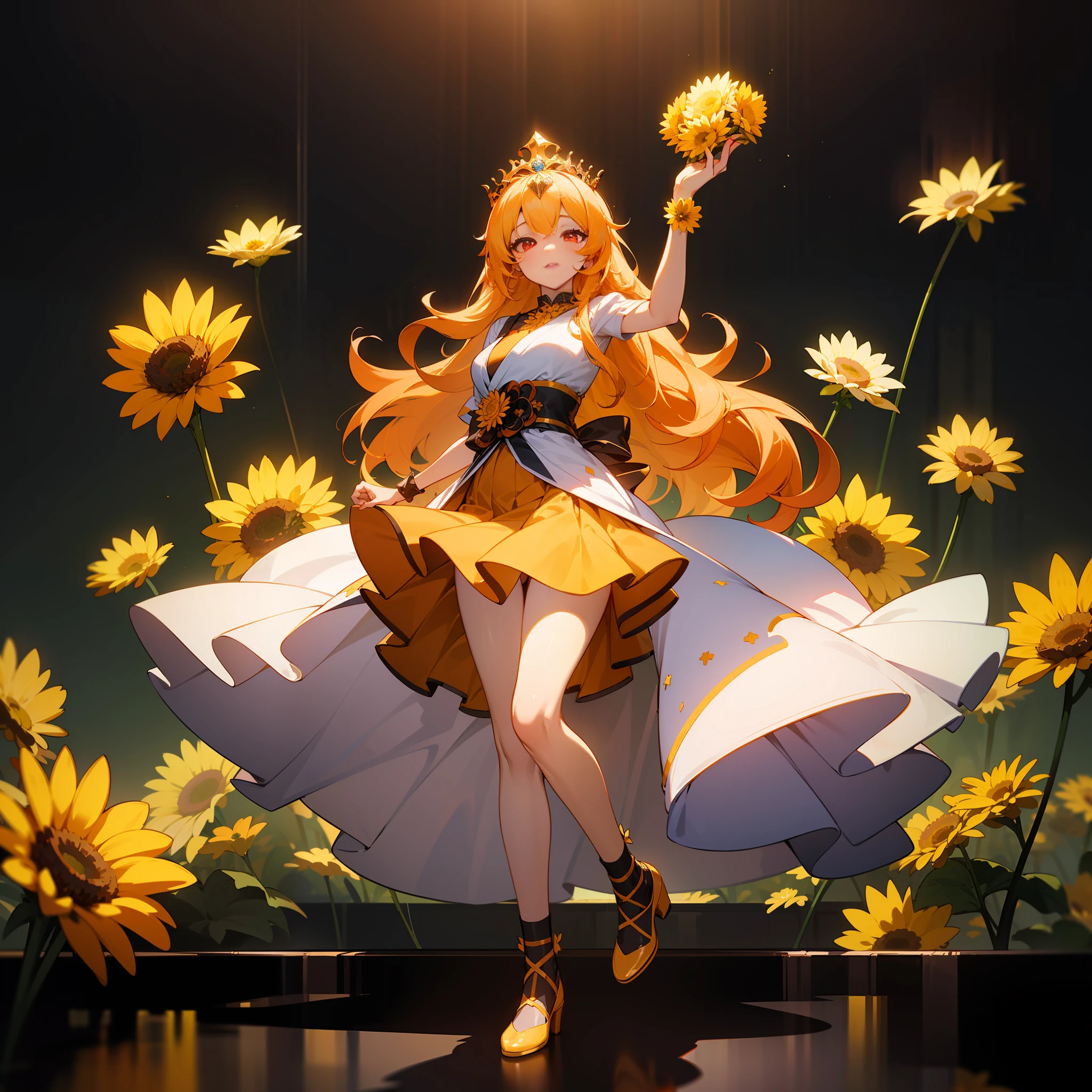 Masterpiece, best quality, (very detailed CG Unity 8k wallpaper) (best quality), (best illustration), (best shadow) (full body picture), orange long-haired girl, red eyes, yellow gorgeous skirt, yellow chrysanthemum tiara, idol, show, sexy, background: gorgeous stage, gorgeous lighting