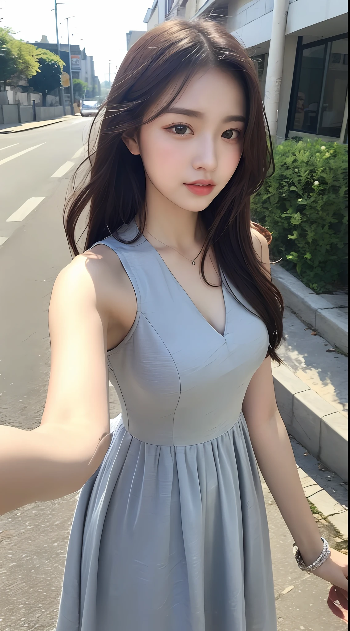 Selfie Superb Beauty Very Beautiful Fair Skin Very Beautiful Medium Long Hair Wearing a Dress Selfie in a Blurry Street Gentle Very Beautiful Wearing a Bracelet