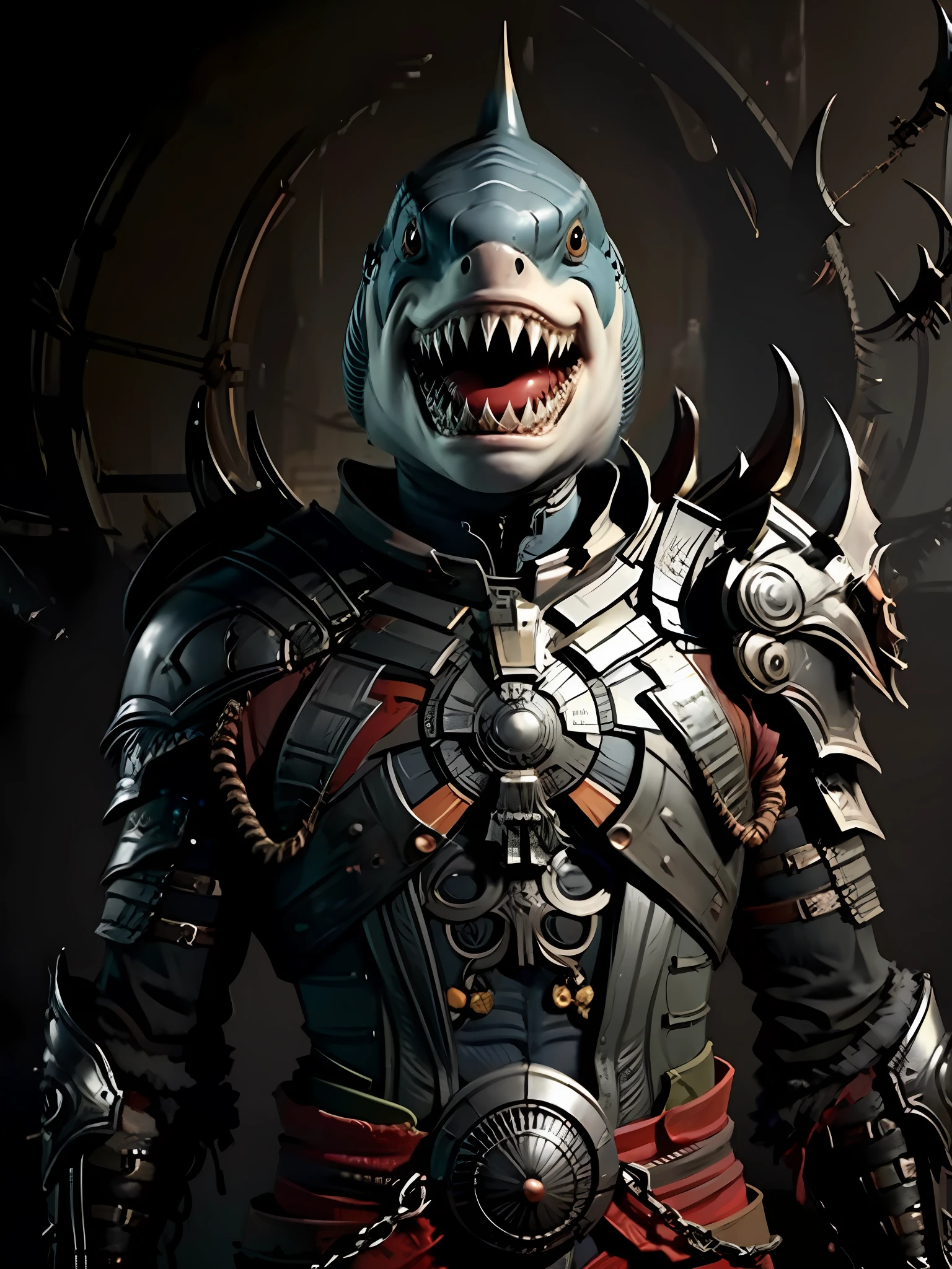 Blue fish head, shark, sharp teeth, scale