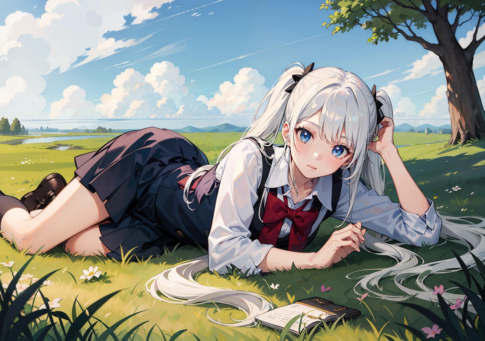 masterpiece,best quality,1girl,white hair, blue eyes,school uniform, cloudy sky, full body, grass,looking at viewer, twintails,front,silver hair, ((lying))