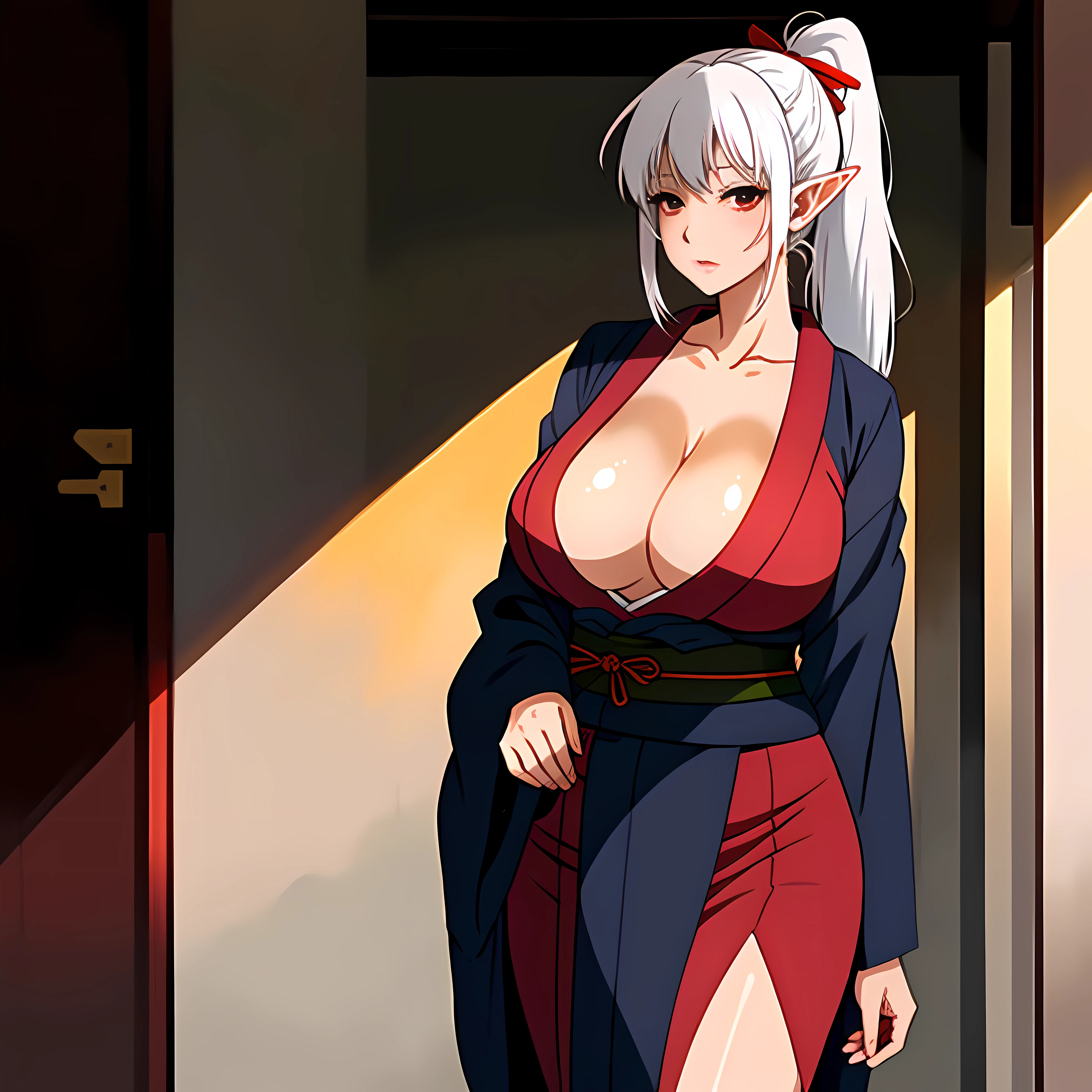 (masterpiece: 1.2, best quality), anime, (anime image, intricate details, depth of field), (1girl, solo), perfect eyes, perfect face, perfect hands, (perfect hands: 1.4), perfect lighting, makeup, half-open lips, elf, highly detailed, perfect face, (huge breasts: 1.4), (skindentation), thick thighs, wide hips, thin waist, high, bright coral lips, white hair, (white hair: 1.4), red eyes, (bright red eyes: 1.4), big ponytail, (A girl, Japanese kimono, black kimono, hands behind back), sexy, blushing, medieval style office