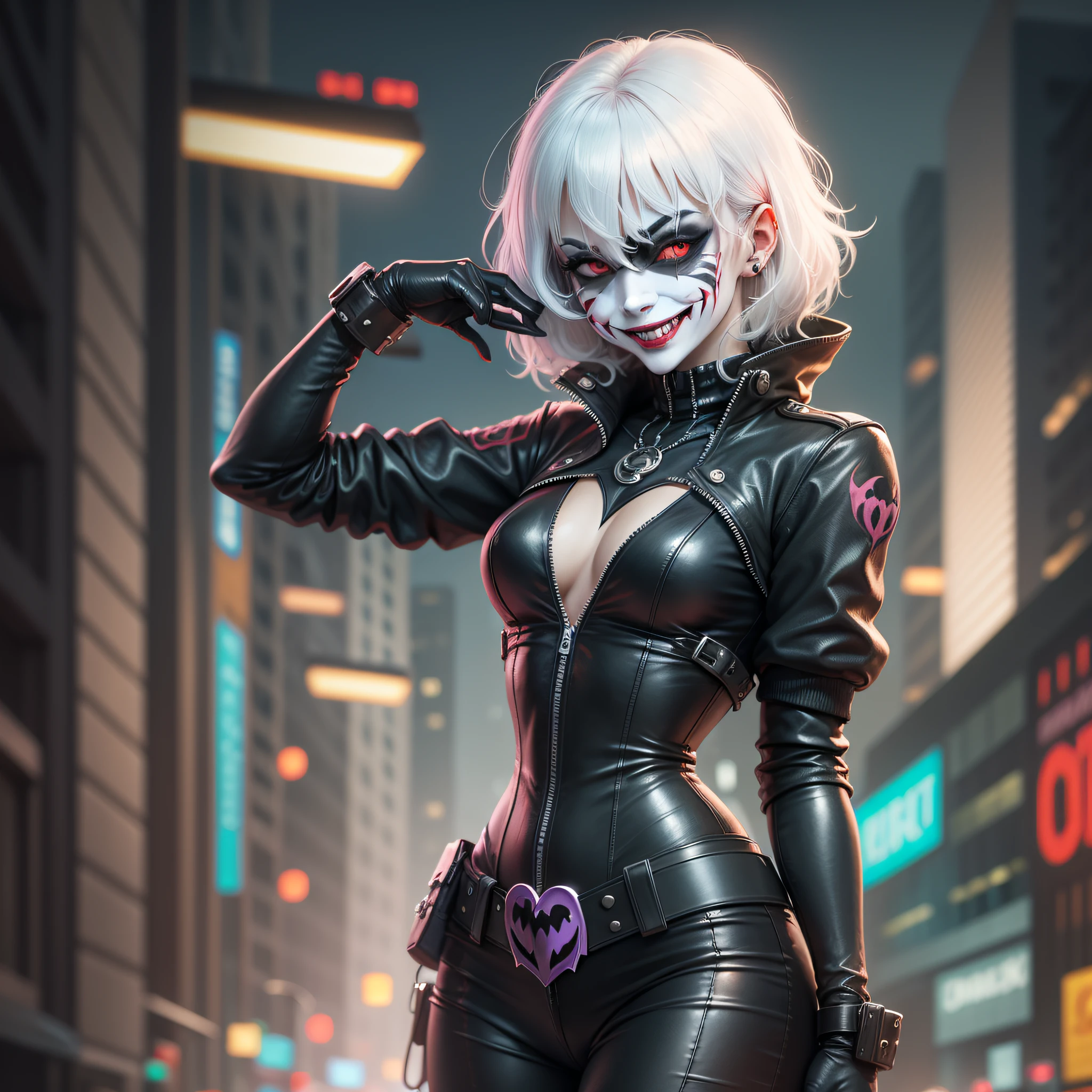 Dark joker woman, cyber punk style, smiling sharp teeth, red eyes black outfit, white hair