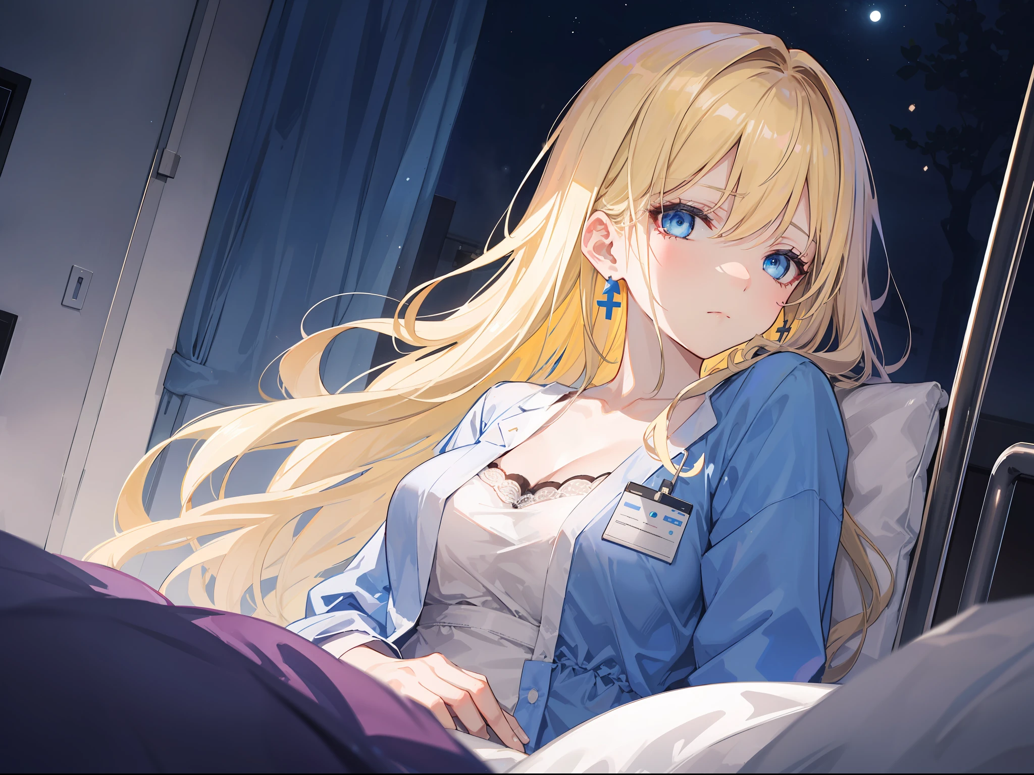 "Create a dark and atmospheric night scene where a mature woman with a weakened expression appears. She is wearing a hospital patient gown with vibrant, long blonde hair and captivating blue eyes. In the scene, she sleeps peacefully in a hospital bed with an IV in her hand. The surrounding environment creates a somber and tranquil atmosphere, with dim lighting illuminating her resilient face."