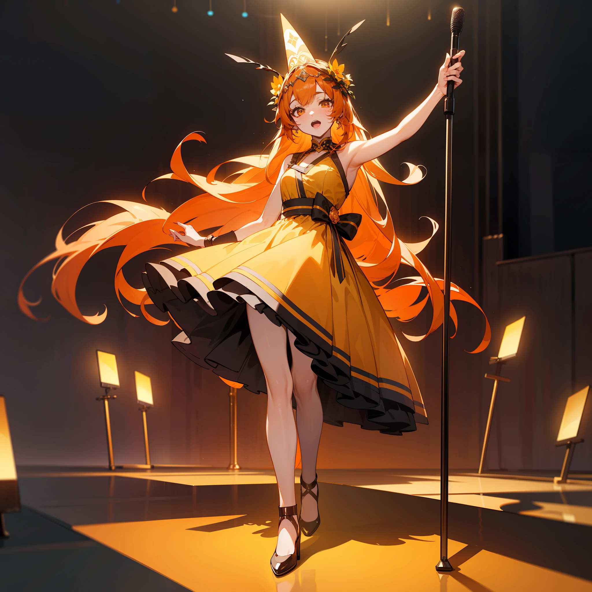 Masterpiece, Best Quality, (Very Detailed CG Unity 8k Wallpaper) (Best Quality), (Best Illustration), (Best Shadow) (Full Body Picture), Orange Long Haired Girl, Orange Hair, Crimson Eyes, Yellow Gorgeous Dress, Yellow Flower Headdress, Idol, Show, Sexy, Background: Gorgeous Stage, Gorgeous Lights, Endless Support Sticks, Action: Singing with a Microphone