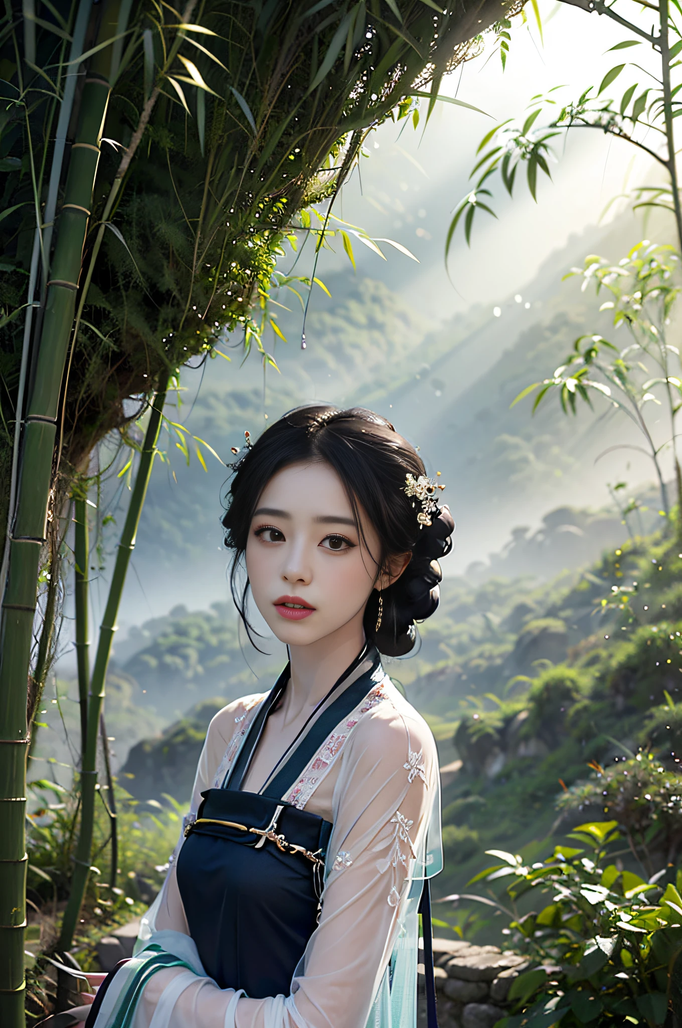 official art, Unity 8k wallpaper, super detailed, beautiful, beautiful, masterpiece, best quality, mystery, romanticism, horror, literature, art, fashion, tang dynasty era, decoration, intricate, embroidery, green hanfu, green tulle, 1 chinese girl, black hair, sad, fatalistic, bust composition, dramatic composition, movie lighting, dynamic perspective, sexy, full of temptation, deep in bamboo forest, bamboo forest in the bamboo forest, bamboo leaves falling, small red flowers, bamboo forest background, cloudy mist, dramatic composition,