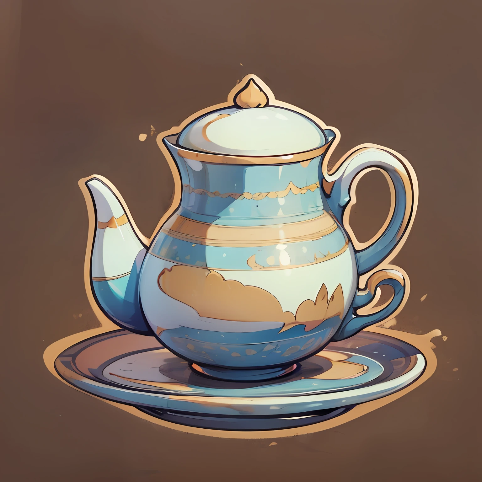 Cartoon style, fine line drawing, a European teapot, a European teacup placed on the tea tray