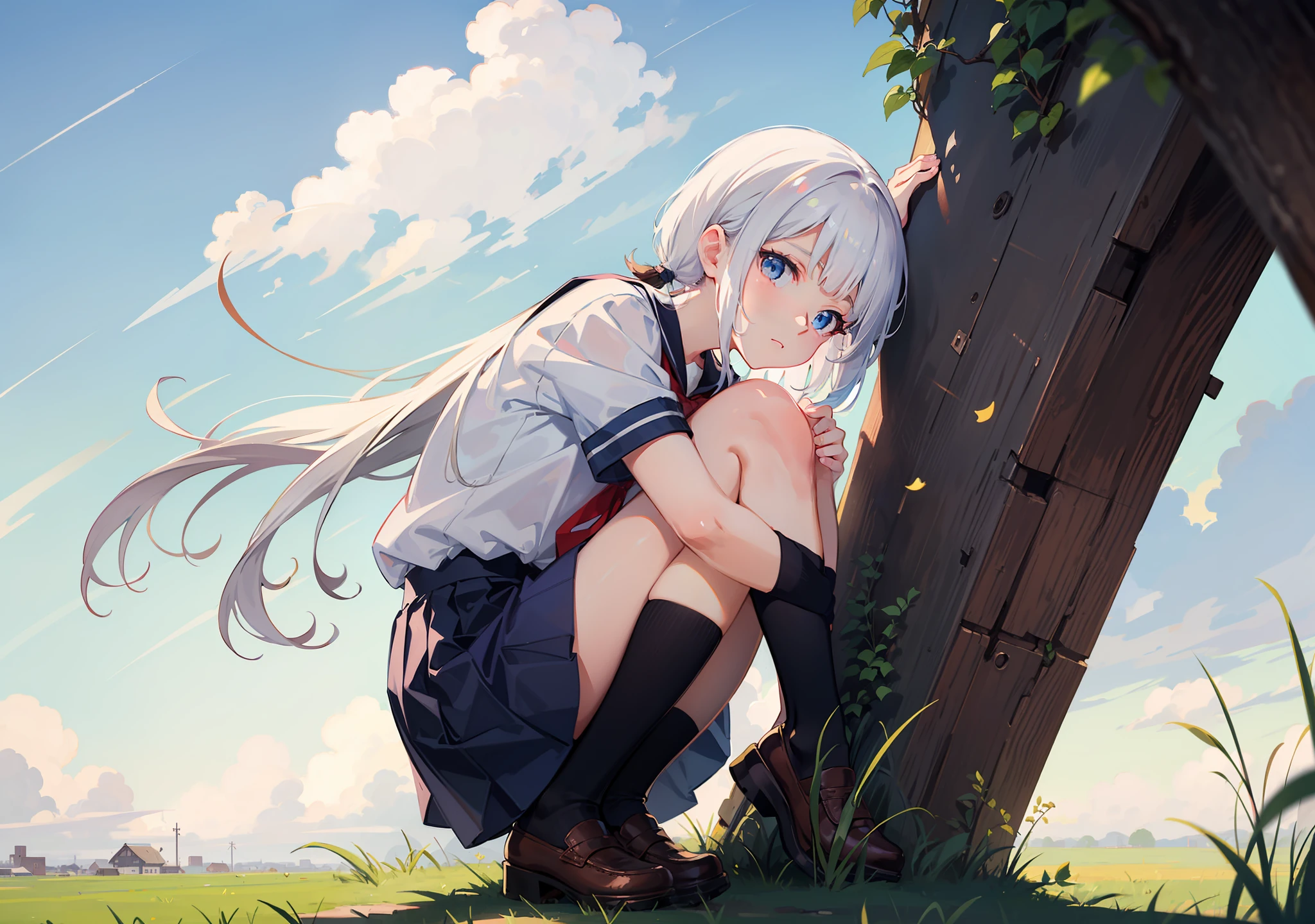 masterpiece,best quality,1girl,white hair, blue eyes,school uniform, cloudy sky, full body, grass,looking at viewer, twintails,front,silver hair, ((fetal_position))