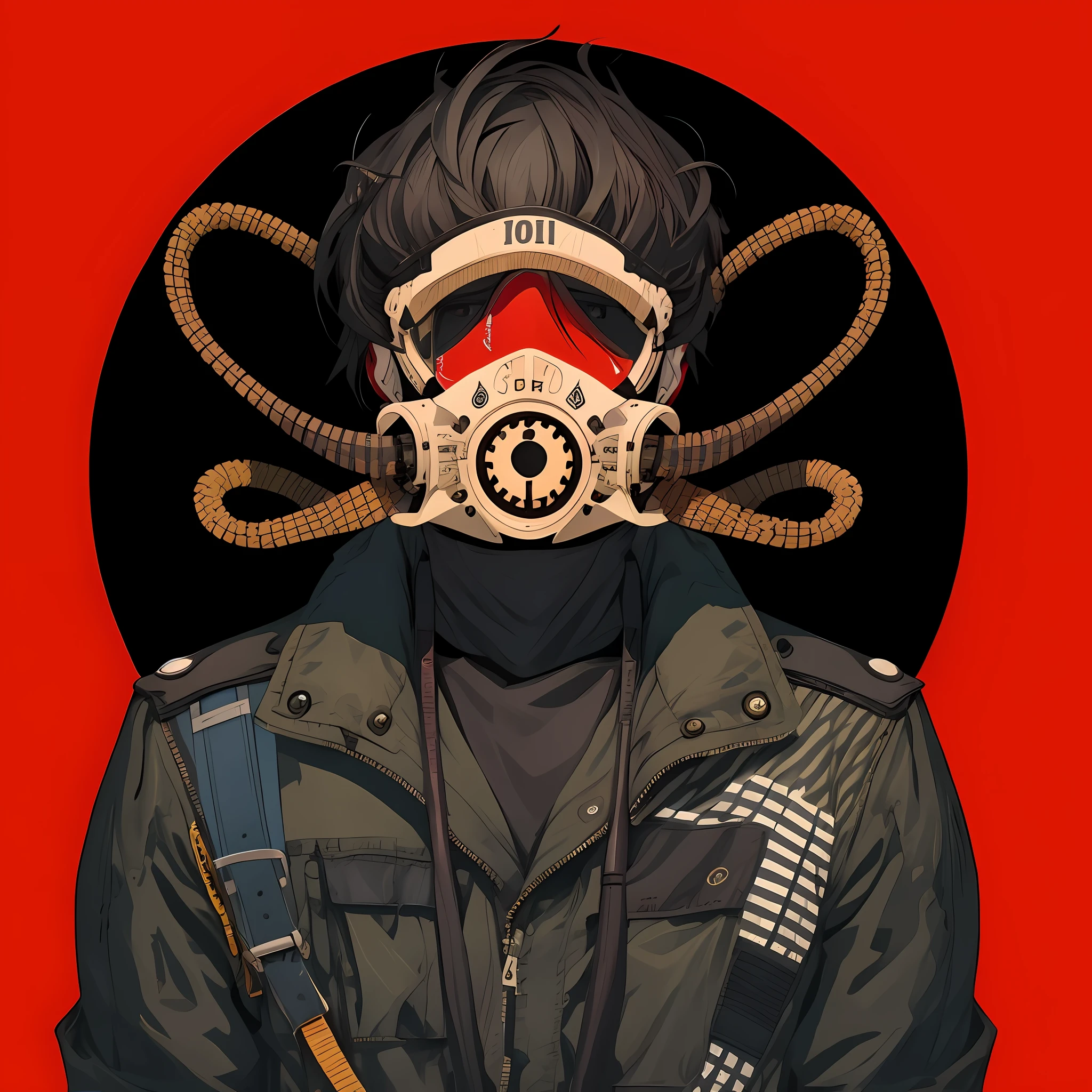 Anime character with gas mask and glasses with red background, gas mask in style, akira style illustration, sachin teng, jc leyendecker and sachin teng, akira art style, in the style of sachin teng, inspired by Victor Mosquera, Soviet style cyberpunk, akira vibes, akira artstyle, dieselpunk art style, in the style of akira