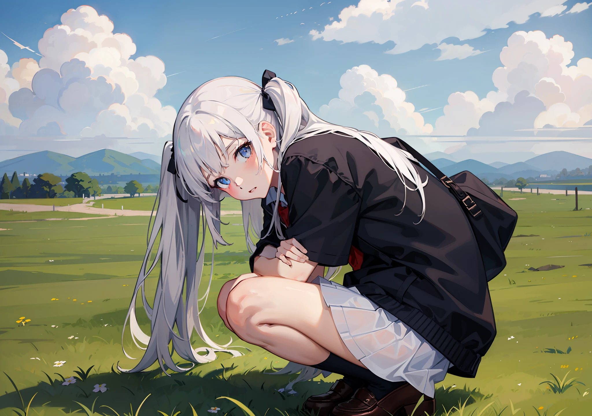 masterpiece,best quality,1girl,white hair, blue eyes,school uniform, cloudy sky, full body, grass,looking at viewer, twintails,front,silver hair, ((fetal_position))
