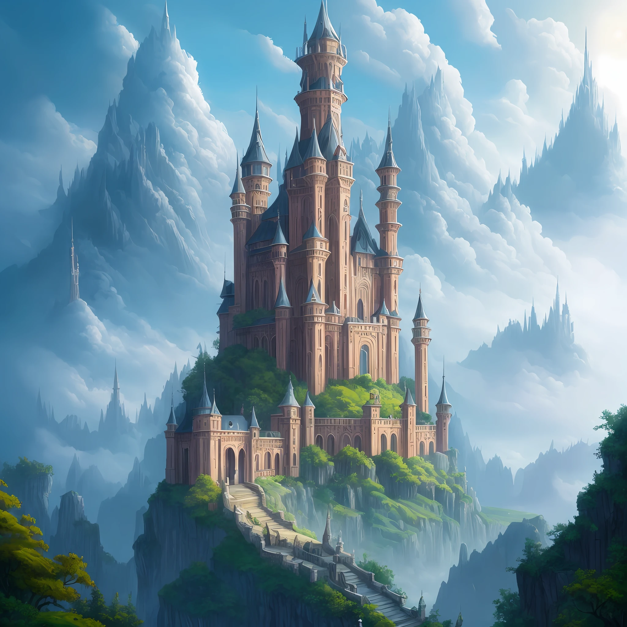 There is a painting of a light blue tower castle in the middle of a mountain, Fantasy Capital City, Epic Castle with Tall Spires, High Fantasy Castle, Fantasy Cityscape, Silvain Sarraiilh, Highly detailed Fantasy Art, Epic Fantasy Novel Cover Art, Andreas Rocha and John Howe, Marc Simonetti. intricate and detailed fantasy art, blue castle in the middle of clouds, highly detailed fantasy