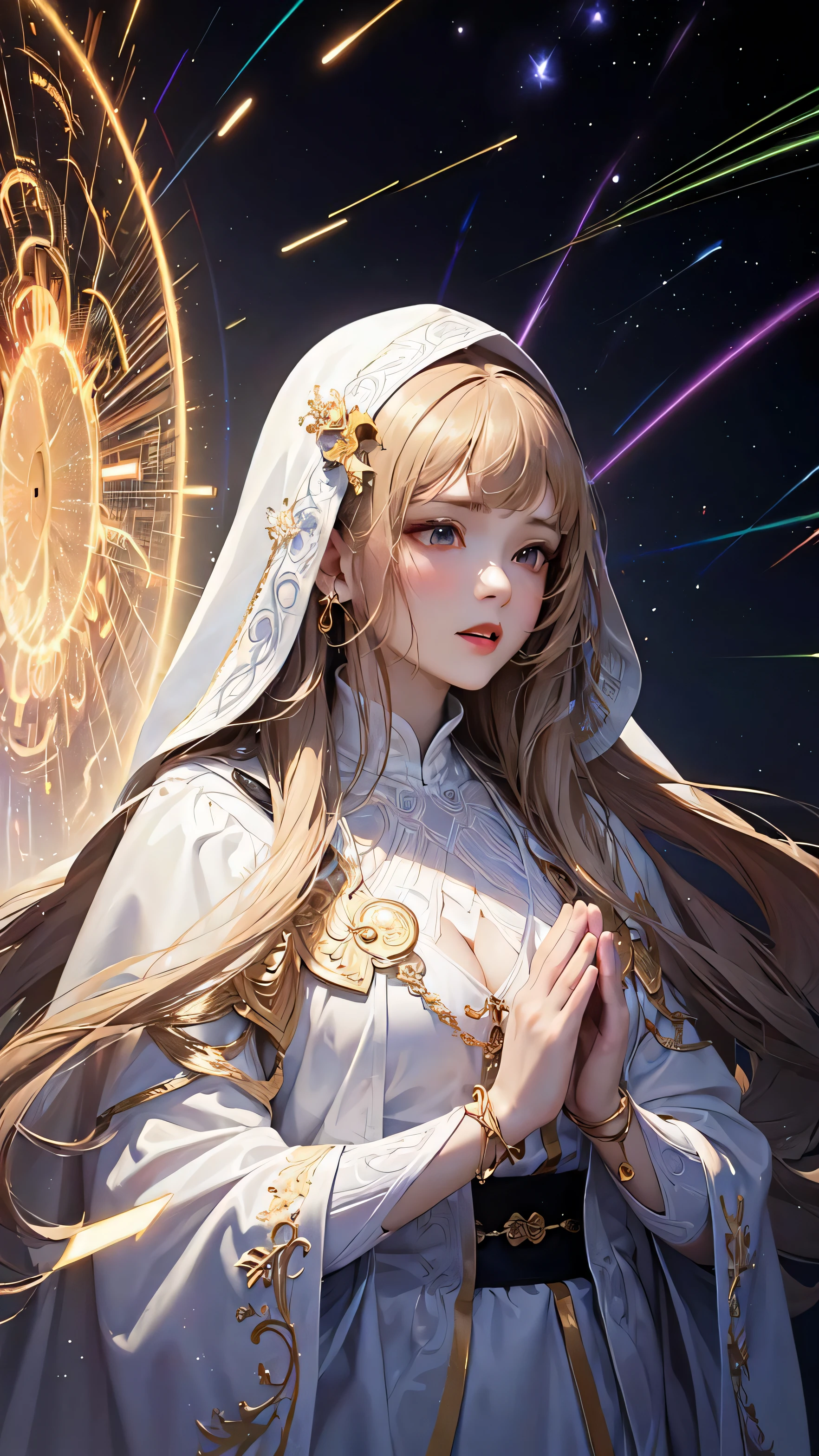 (masterpiece, top quality, best quality, official art, beautiful and aesthetic:1.2), (1girl), extreme detailed, (fractal art:1.3), colorful, highest detailed, perfect face, upper body, HDR, (praying:1.3), (white cloak golden lines:1.2), galaxy, (light streaks), striking visuals, (dynamic streaks, luminous trails:1.2), vibrant colors,