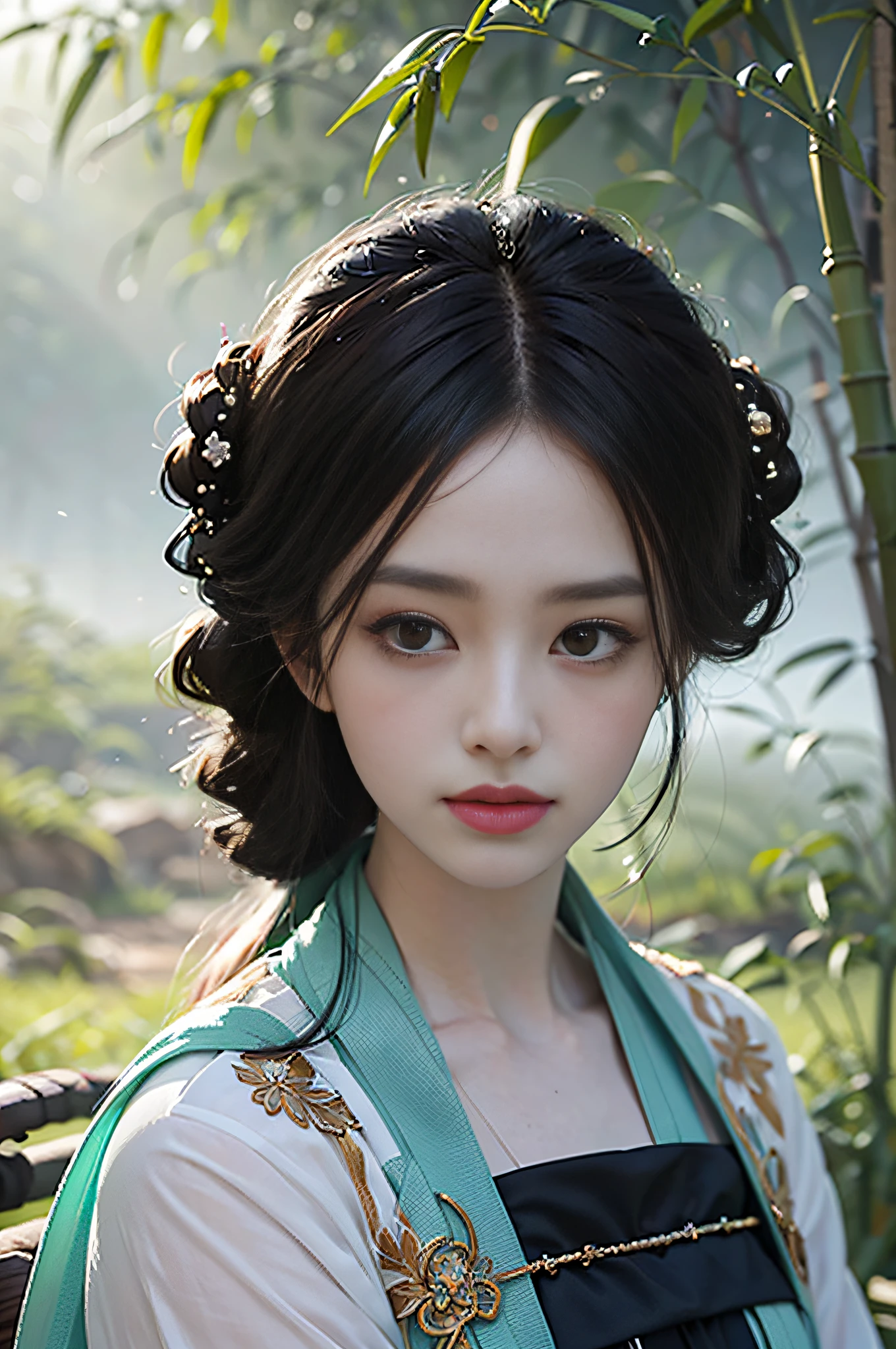 official art, Unity 8k wallpaper, super detailed, beautiful, beautiful, masterpiece, best quality, mystery, romanticism, horror, literature, art, fashion, tang dynasty era, decoration, intricate, embroidery, green hanfu, green tulle, 1 chinese girl, black hair, sad, fatalistic, bust composition, dramatic composition, movie lighting, dynamic perspective, sexy, full of temptation, deep in bamboo forest, bamboo forest in the bamboo forest, bamboo leaves falling, small red flowers, bamboo forest background, cloudy mist, dramatic composition,