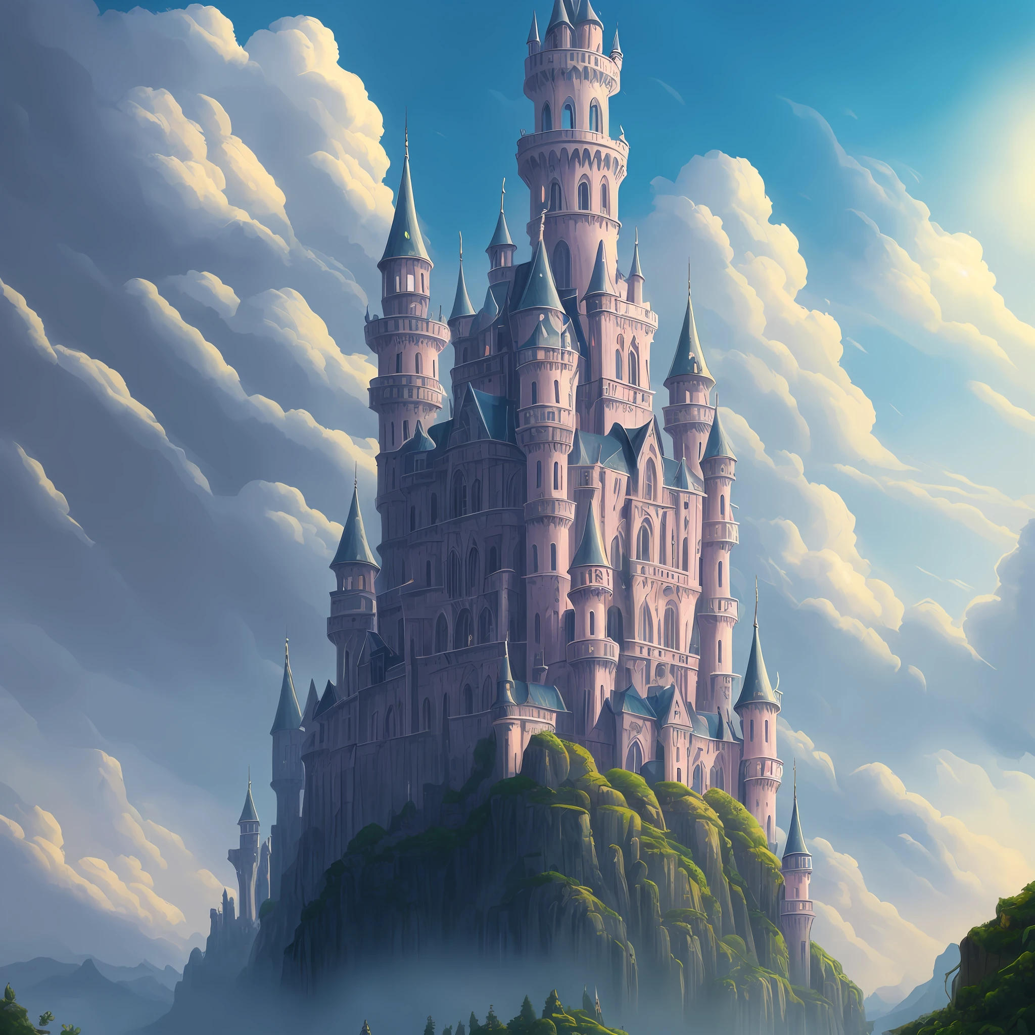 There is a painting of a light blue tower castle in the middle of a mountain, Fantasy Capital City, Epic Castle with Tall Spires, High Fantasy Castle, Fantasy Cityscape, Silvain Sarraiilh, Highly detailed Fantasy Art, Epic Fantasy Novel Cover Art, Andreas Rocha and John Howe, Marc Simonetti. intricate and detailed fantasy art, blue castle in the middle of clouds, highly detailed fantasy