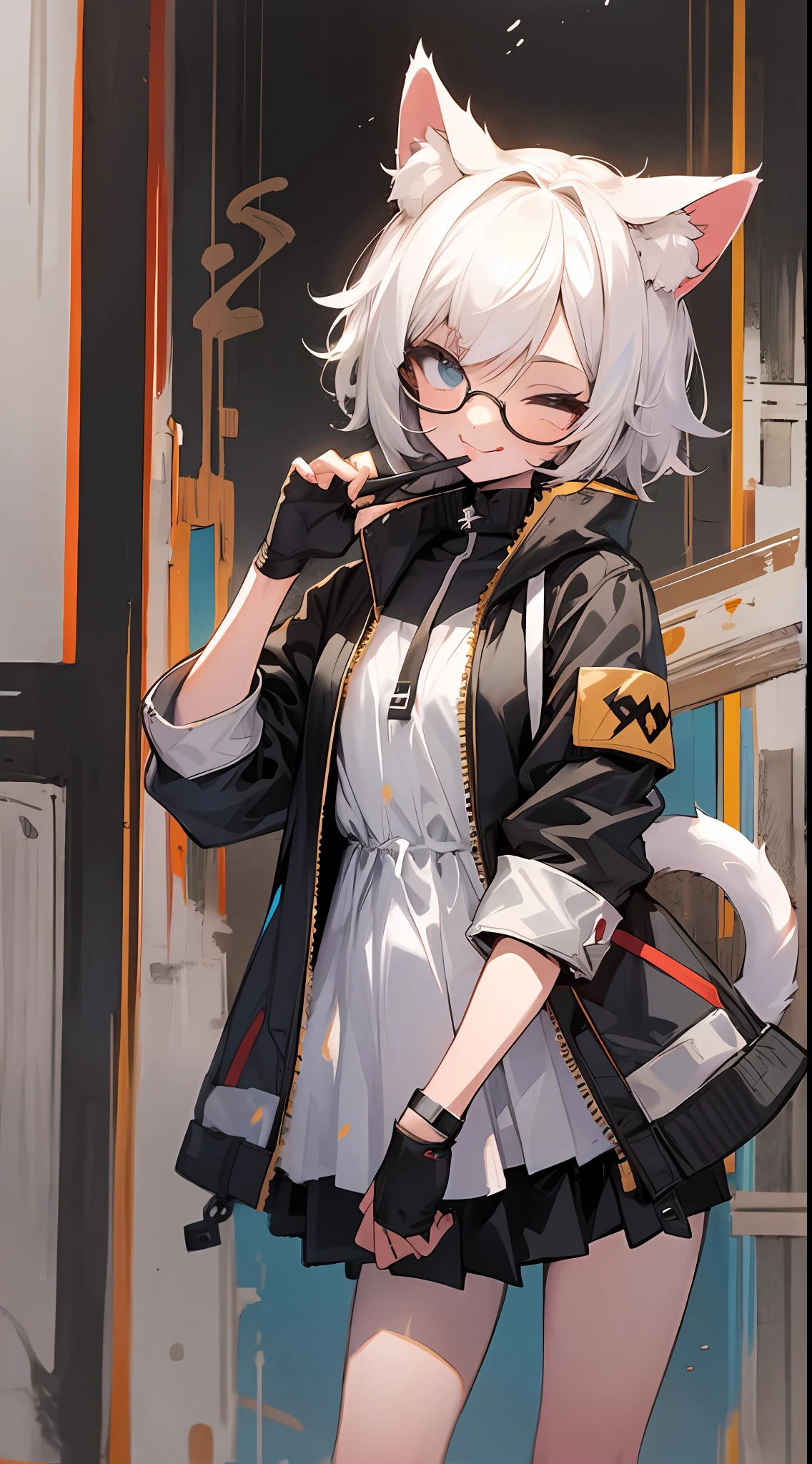 "High quality paintings, extreme detail, cute cat ears, soft cat tail, unique pose. Short white hair, charming petite body, 130cm, small children, trendy modern style dress, sunglasses, storm jacket, short skirt, tongue sticking, scissor hands, squinting and smiling