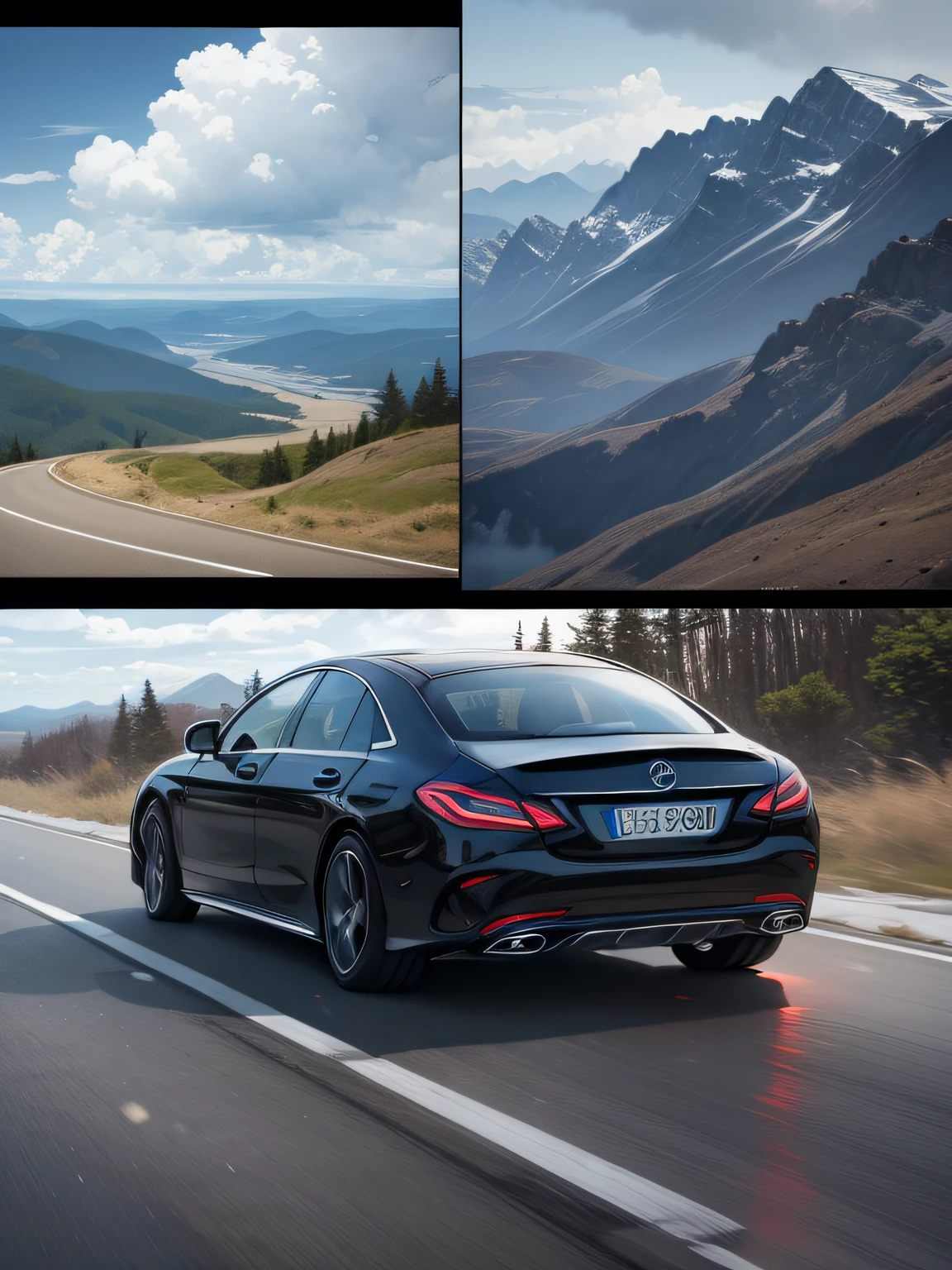 [Illustration] manga page, multiple screens on one page: A sea blue Mercedes driving on a mountain road, showing the side of the car (GoPro, f/2.8, horizontal motion blur), distant mountains and forests, cloudy [multi-angle continuous shooting]:: futuristic, immersive, elegant, luxurious, sophisticated, octane rendering, long lens, hyper-realistic, cobalt blue and reflective silver, long exposure, diffuse backlight, motion picture film P30 -- s100--c100--v5.1, in DOFRESH style