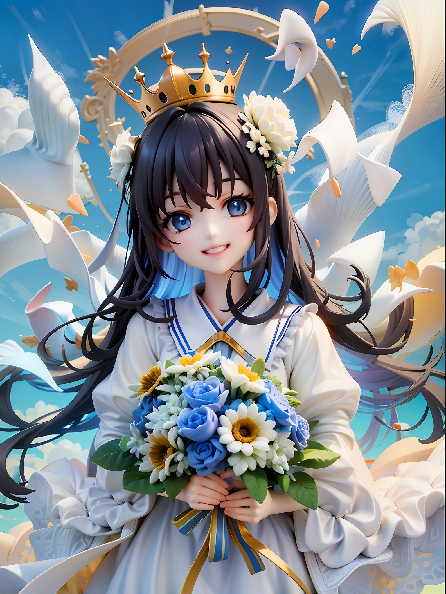Girl, front, black hair (blue inner color), small golden crown, long hair, light blue eyes, beautiful eyes, smile, beautiful white dress, holding bouquet of white flowers in both hands, blue sky, white clouds, clear sky, beautiful background,