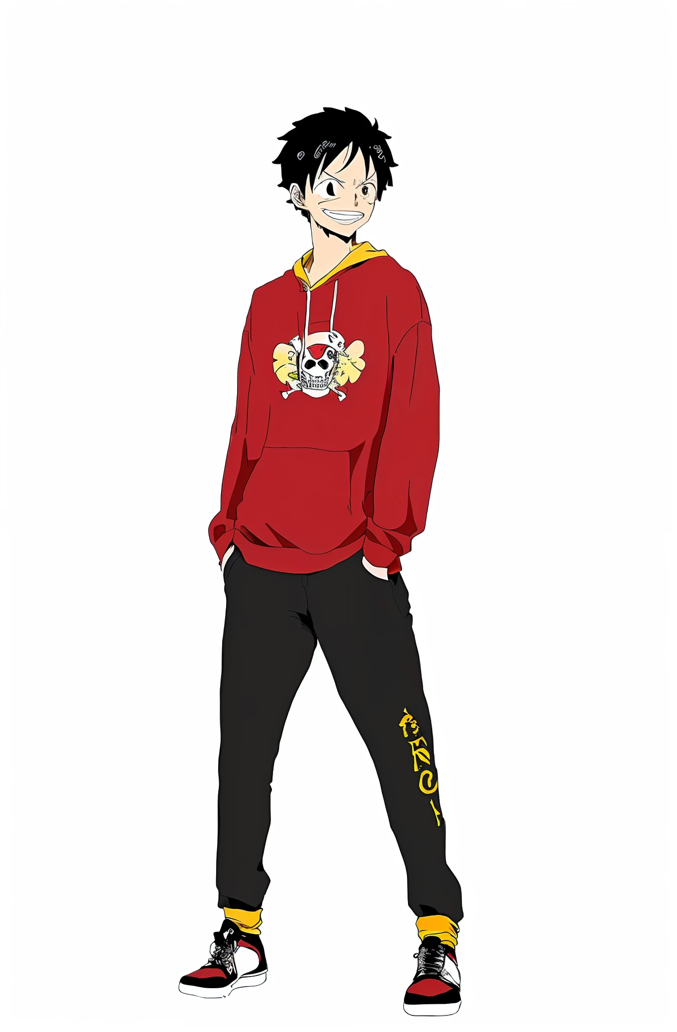 Anime Boy in a blue sweatshirt and black pants with a skull and crossed bone on his chest, Eiichiro Oda style, Luffy (one piece, Monkey D Luffy, Luffy, full_body!!, Luffy one-piece, Akira royal costume, !! Full body portrait!, one-piece style, style of Eiichiro Oda, smiling, straw hat, looking at the viewer, solo, ((masterpiece)), (best quality), (extremely detailed), depth of field, sketch, intense dark shadows, sharp focus, soft lighting, hdr, colorful, good composition, spectacular, anime screenshot