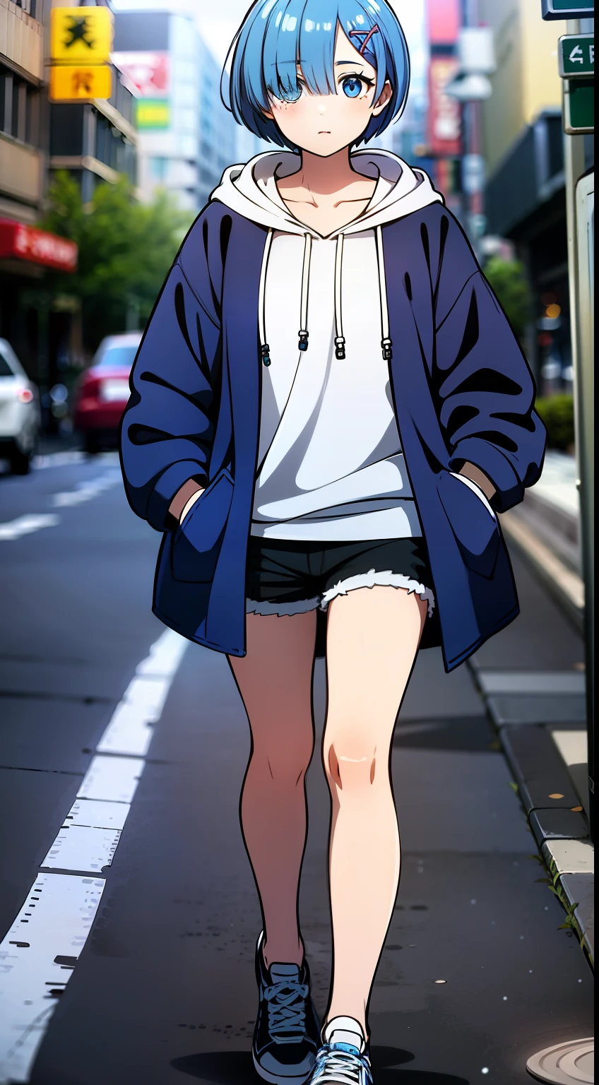 masterpiece, rem rezero, blue hair, blue eyes, detailed eyes, neutral face, blue jacket hoodie, white shirt, dark shorts, casual oufit, middle of the street, crossed arms, legs apart,