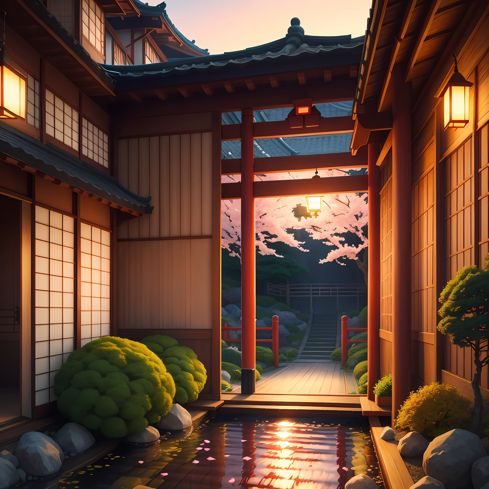 (digital painting),(best quality), serene Japanese garden, cherry blossoms in full bloom, koi pond, footbridge, pagoda, Ukiyo-e art style, Hokusai inspiration, Deviant Art popular, 8k ultra-realistic, pastel color scheme, soft lighting, golden hour, tranquil atmosphere, landscape orientation