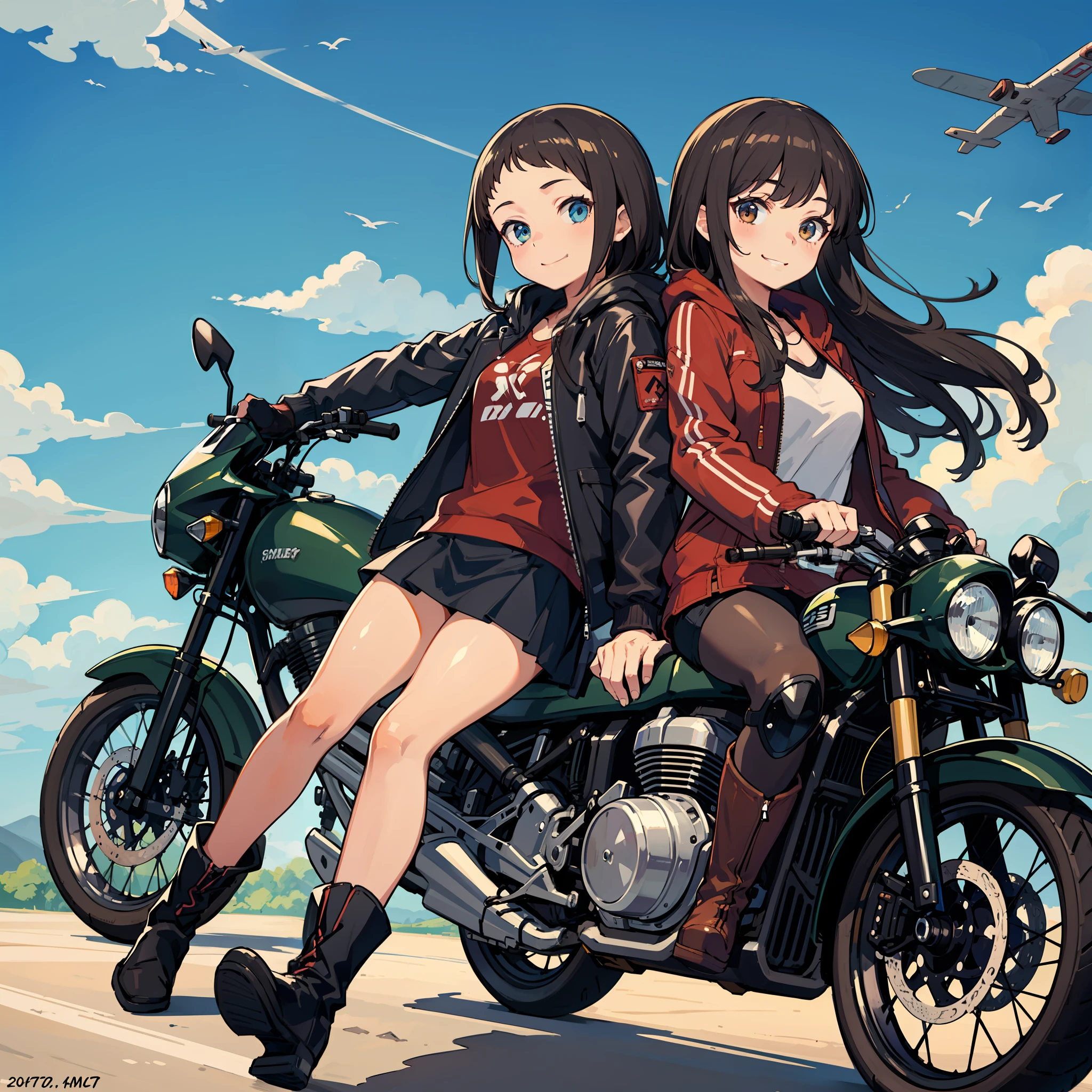 Top quality, masterpiece, high resolution, two beautiful girls, black hair long hair, forehead, brown hair shortcut, fluttering hair, travel, motorcycle, touring, two seater, smile SR400, horizon, continent, country road, flight jacket, riders jacket, hood, goggles, helmet, hot pants, mini skirt, knee support, boots, clear weather, blue sky,
