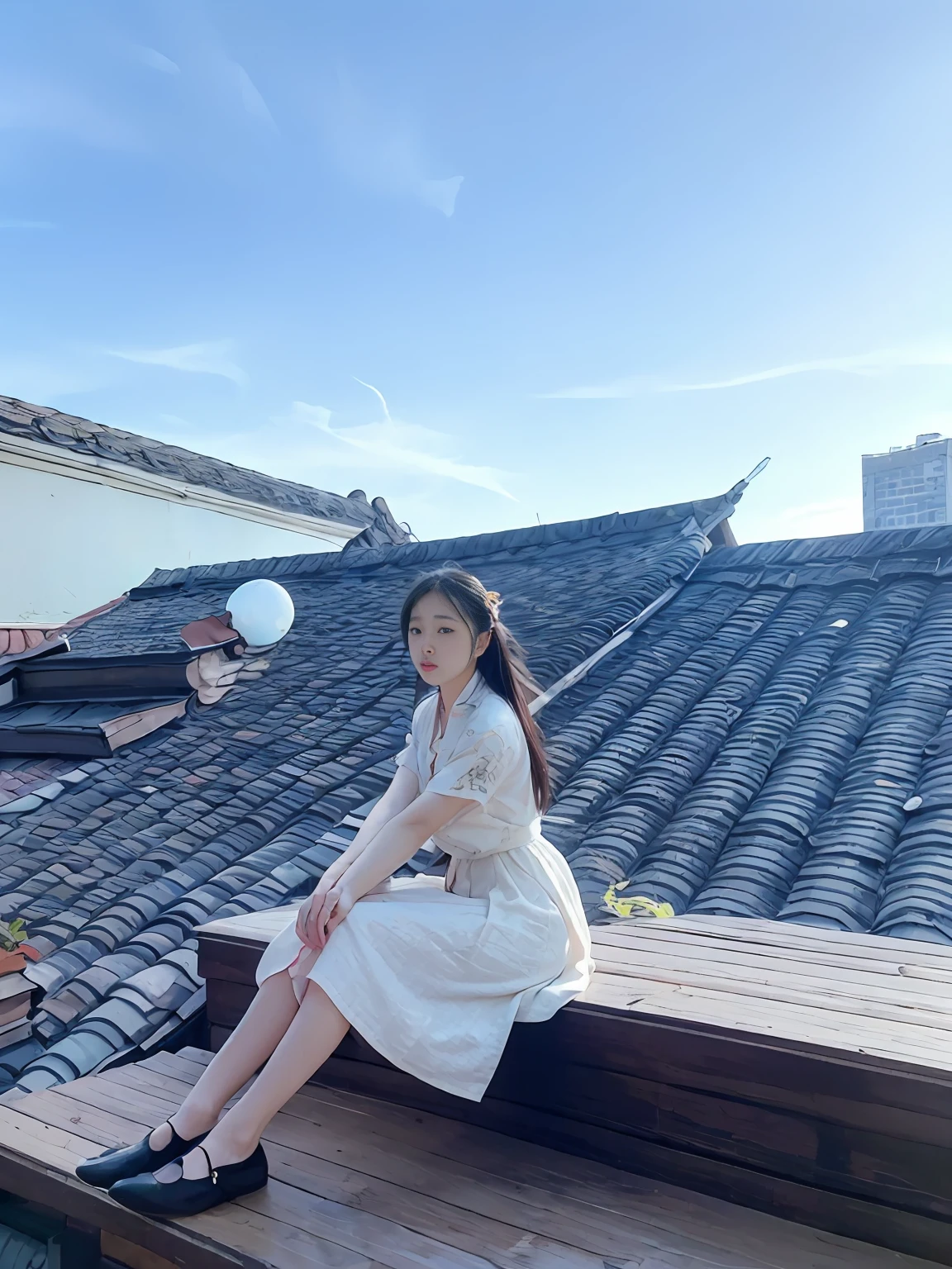 there is a woman sitting on a wooden bench on a roof, girl sitting on a rooftop, in a rooftop, sits on a rooftop, on rooftop, on a rooftop, standing on a rooftop, xintong chen, rooftop, wenfei ye, li zixin, inspired by Tang Yifen, standing on rooftop, palace , a girl in hanfu, profile pic