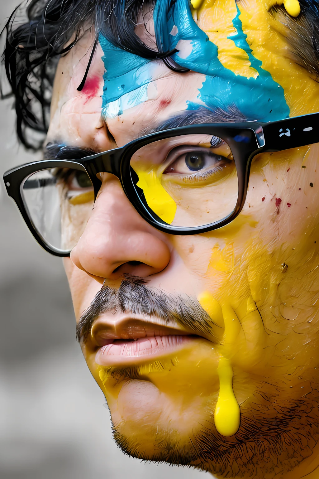 guttonerdvision6, award-winning photogrqafia, realistic portrait of a man wearing glasses, with detailed face, skin and pores. His face is dirty with ((yellow, red, blue colored paint)), various colors, splattered on his face. Intricate, detailed, studio photo, studio lighting, details