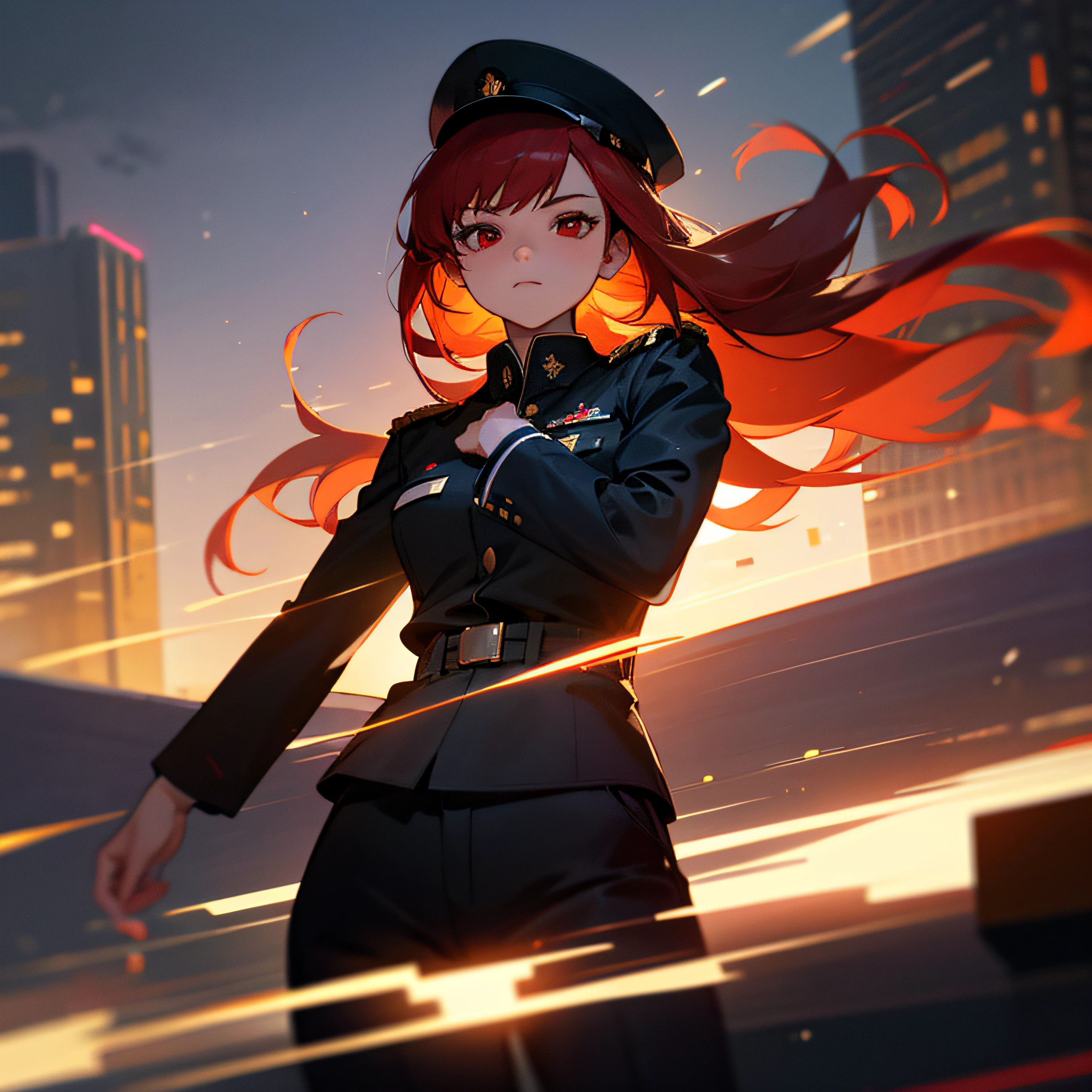 volumetric lighting, dynamic angle, 1girl, solo, female focus, Red Eyes, expressions, City night, red hair, Militar Uniform, shirt, black shirt, uniform, black pants, pants, cap, illustration, depth of field, ray tracing, cowboy shot, masterpiece, high quality, highres, high details, best quality, UHD, --auto