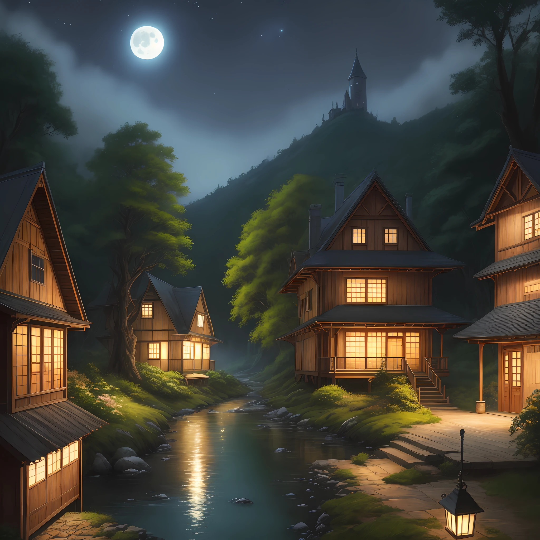 Realistic, real, beautiful and amazing landscape oil painting Studio Ghibli, night, full moon, house in the forest --v6
